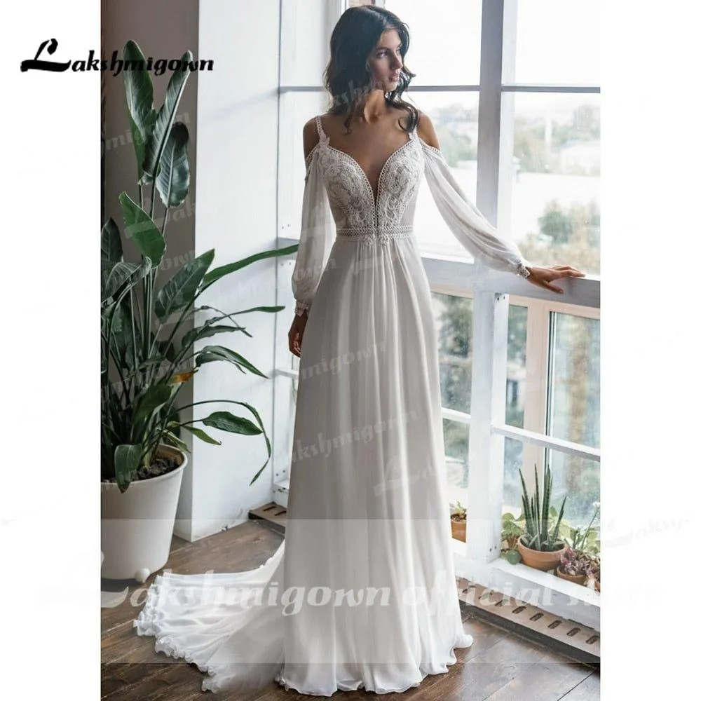 NumberSea 2021 Long Sleeve Off Shoulder Spaghetti Straps Deep V Neck Wedding Dresses Lace Chiffon Bohemian stylerobe de mariée fille