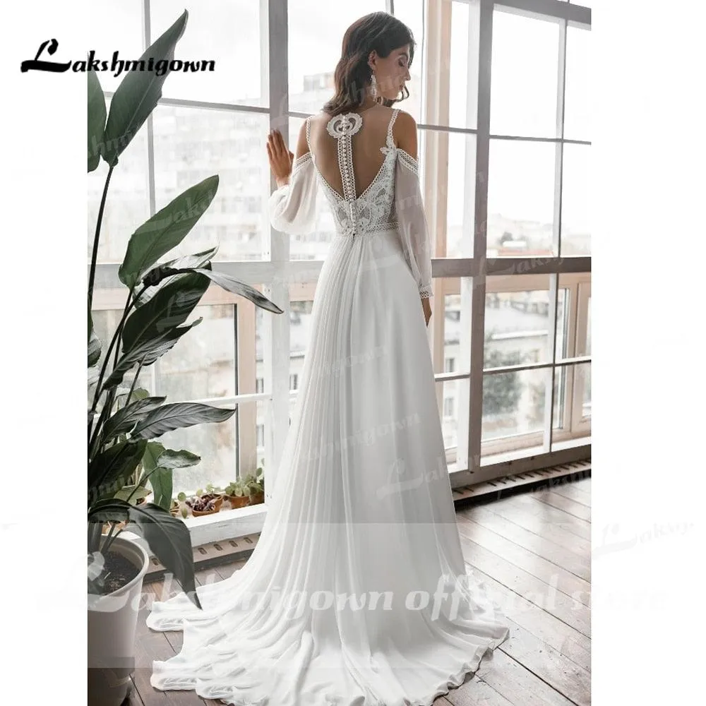 NumberSea 2021 Long Sleeve Off Shoulder Spaghetti Straps Deep V Neck Wedding Dresses Lace Chiffon Bohemian stylerobe de mariée fille