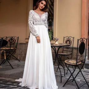 NumberSea Bohemian Lace Long Sleeve Wedding Dresses Chiffon Sweep Train Vintage Scoop Neck Bridal Gowns Pearls Beach Bridal Gown