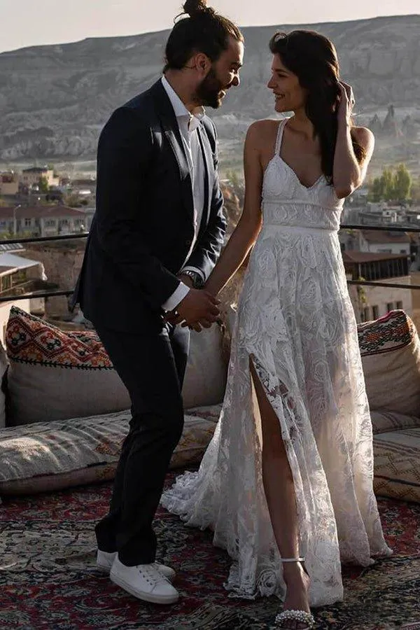 NumberSea Charming Ivory Lace Floor Length V Neck Long Wedding Dresses on Line, MW237