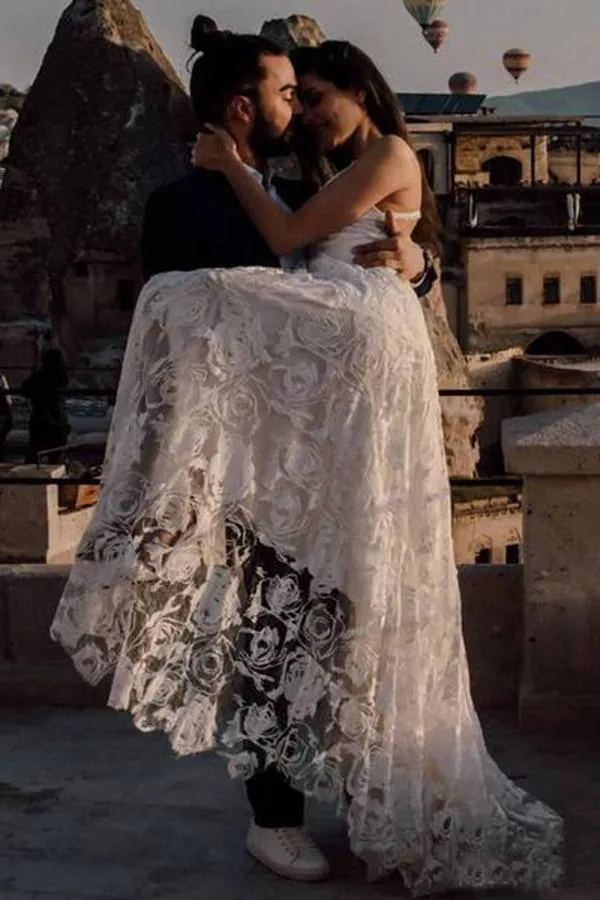 NumberSea Charming Ivory Lace Floor Length V Neck Long Wedding Dresses on Line, MW237