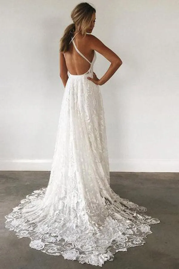 NumberSea Charming Ivory Lace Floor Length V Neck Long Wedding Dresses on Line, MW237