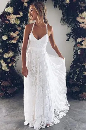 NumberSea Charming Ivory Lace Floor Length V Neck Long Wedding Dresses on Line, MW237