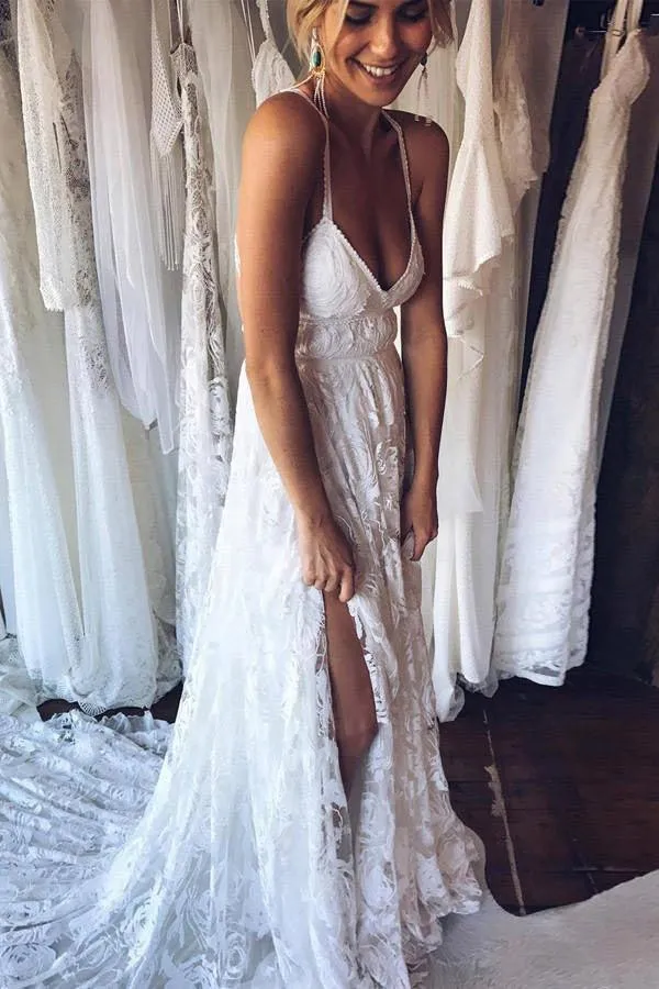 NumberSea Charming Ivory Lace Floor Length V Neck Long Wedding Dresses on Line, MW237