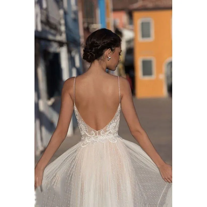 NumberSea Eightree Beach Wedding Dress Boho vestido de noiva Bohemian Lace Bridal Dress Backless Spaghetti Straps V Neck Wedding Gowns