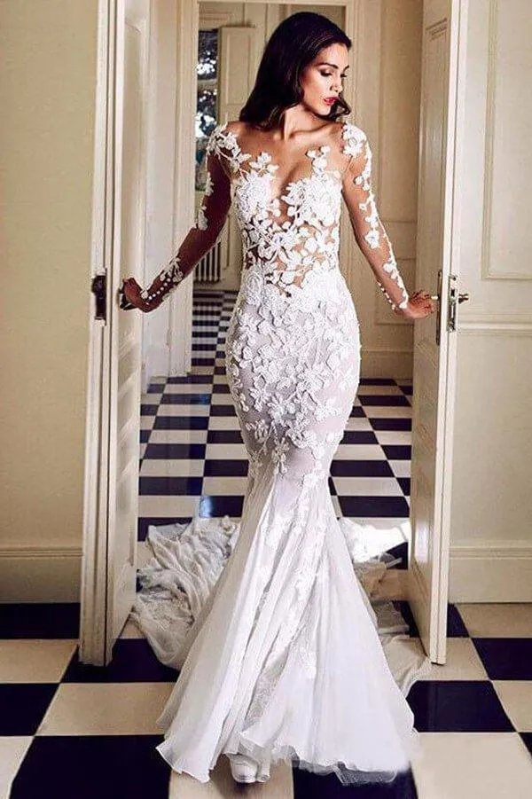 NumberSea Lace See Through Mermaid Long Sleeves Wedding Dresses, Bridal Dress, MW522