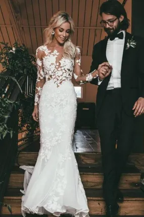 NumberSea Lace See Through Mermaid Long Sleeves Wedding Dresses, Bridal Dress, MW522
