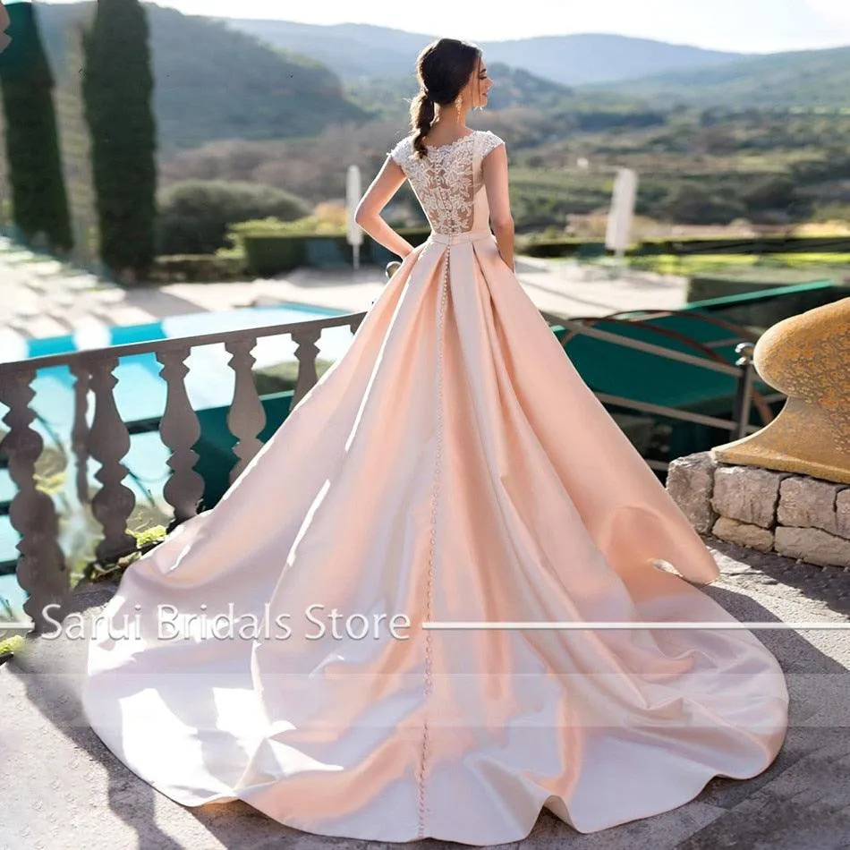 NumberSea Pink Wedding Dresses Satin Lace Appliques vestido de noiva Short Sleeves Party Dress with Pockets Back Button Wedding Gown