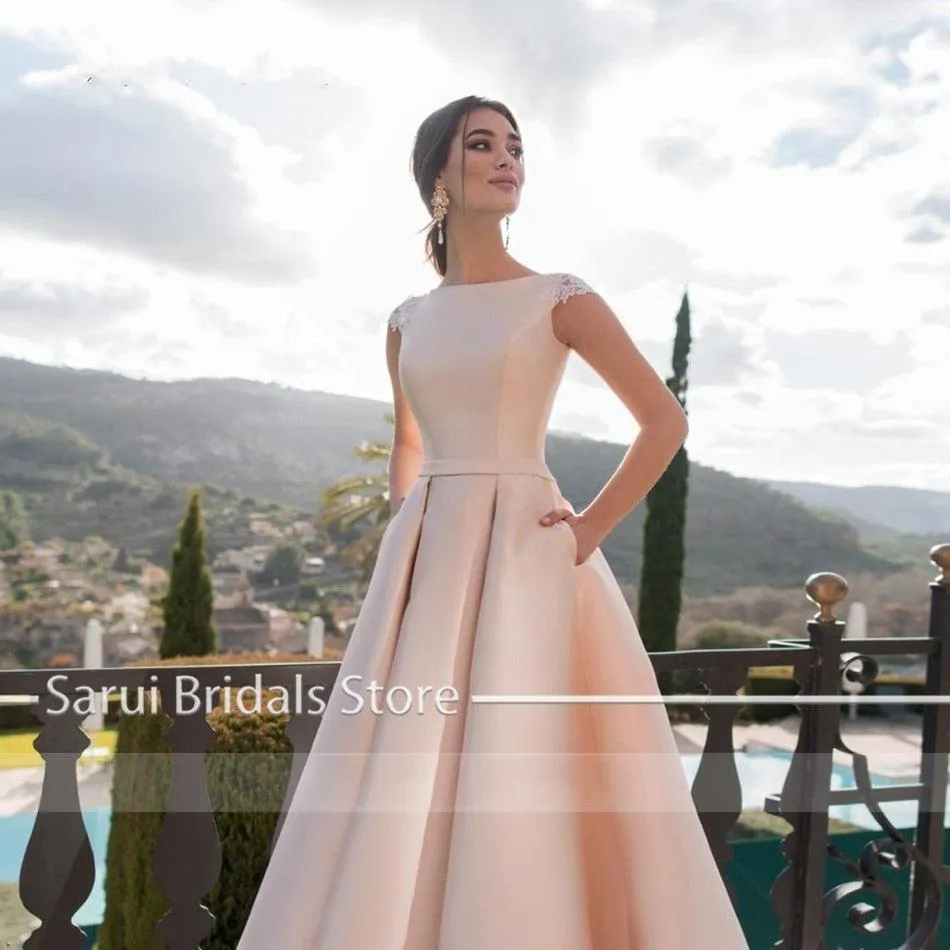 NumberSea Pink Wedding Dresses Satin Lace Appliques vestido de noiva Short Sleeves Party Dress with Pockets Back Button Wedding Gown