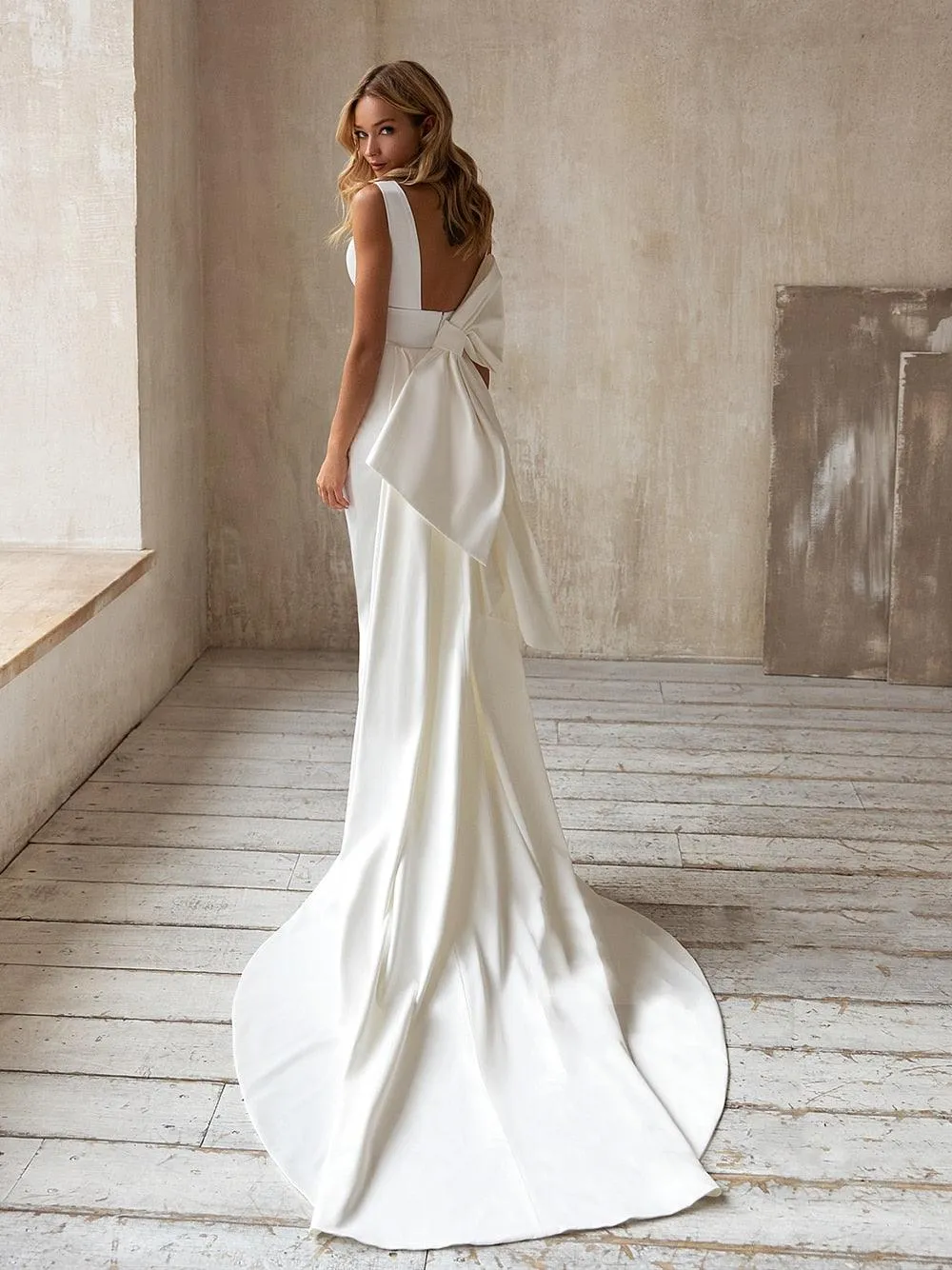 NumberSea Simple Elegant Satin Mermaid Wedding Dress Detachable Bowknot Overskirt 2024 Bow Bridal GownPlus Size