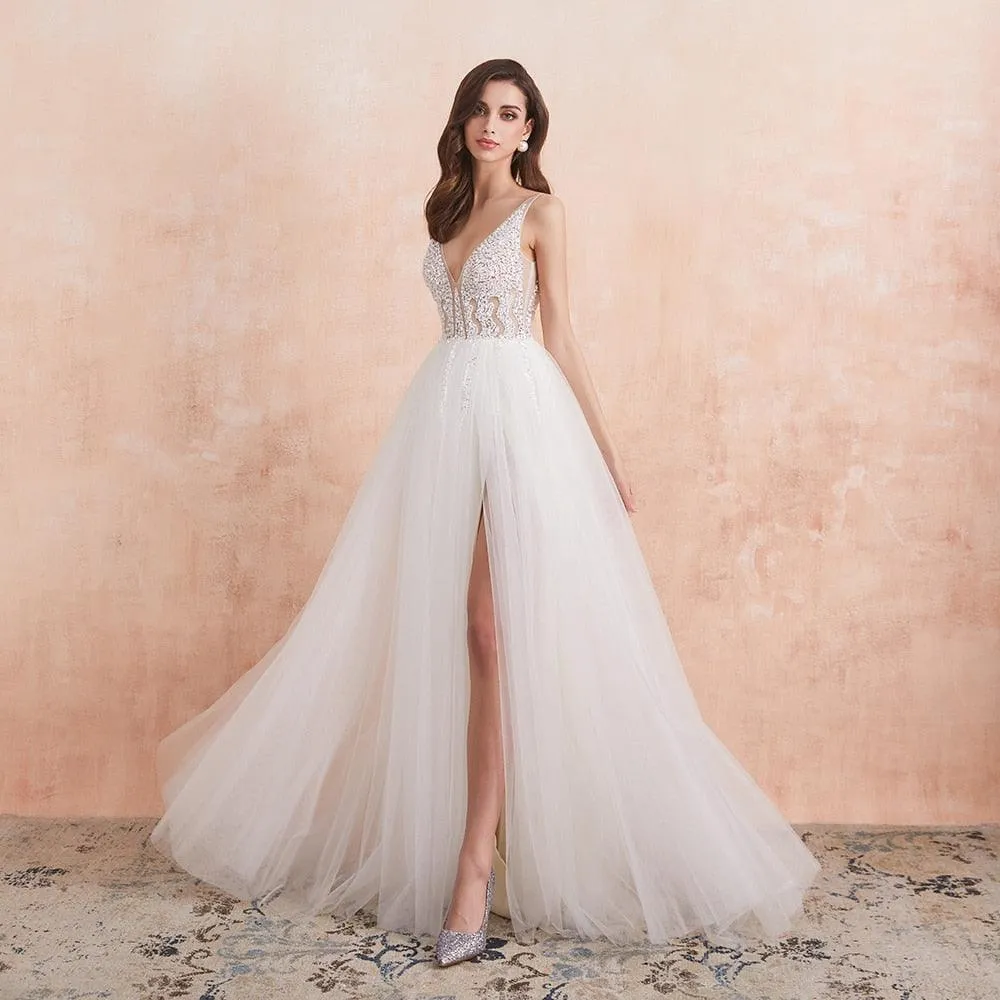 NumberSea V Neck Wedding Dress White Ivory Sexy High Splits Beaded Beading Pearls Crystal A Line Backless Bridal Gown Vestido De Noiva