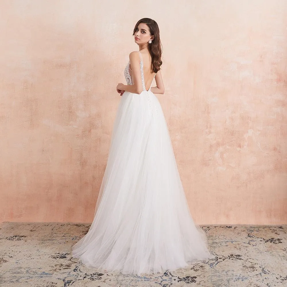 NumberSea V Neck Wedding Dress White Ivory Sexy High Splits Beaded Beading Pearls Crystal A Line Backless Bridal Gown Vestido De Noiva
