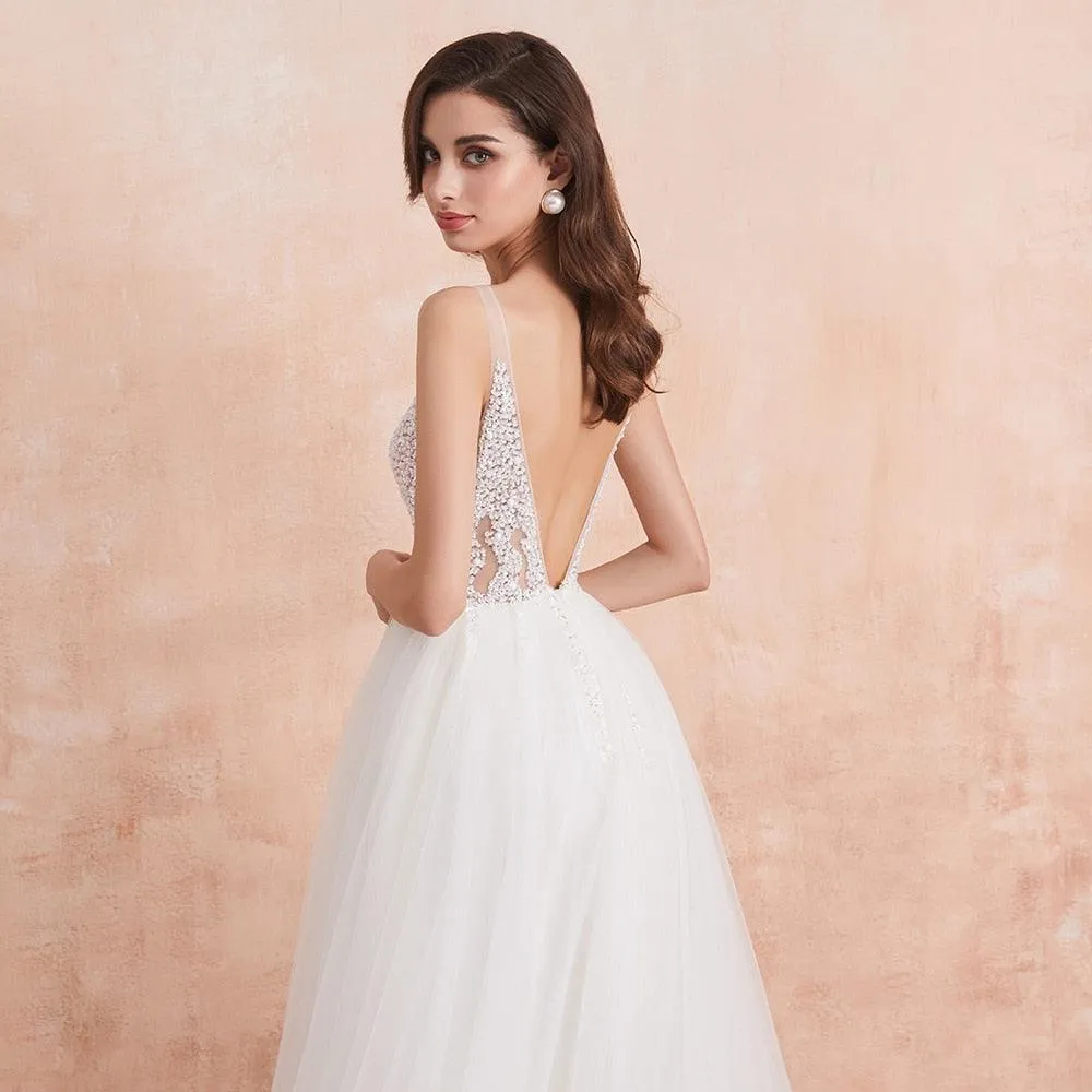 NumberSea V Neck Wedding Dress White Ivory Sexy High Splits Beaded Beading Pearls Crystal A Line Backless Bridal Gown Vestido De Noiva