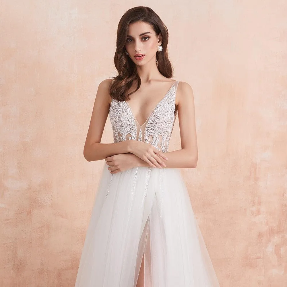 NumberSea V Neck Wedding Dress White Ivory Sexy High Splits Beaded Beading Pearls Crystal A Line Backless Bridal Gown Vestido De Noiva