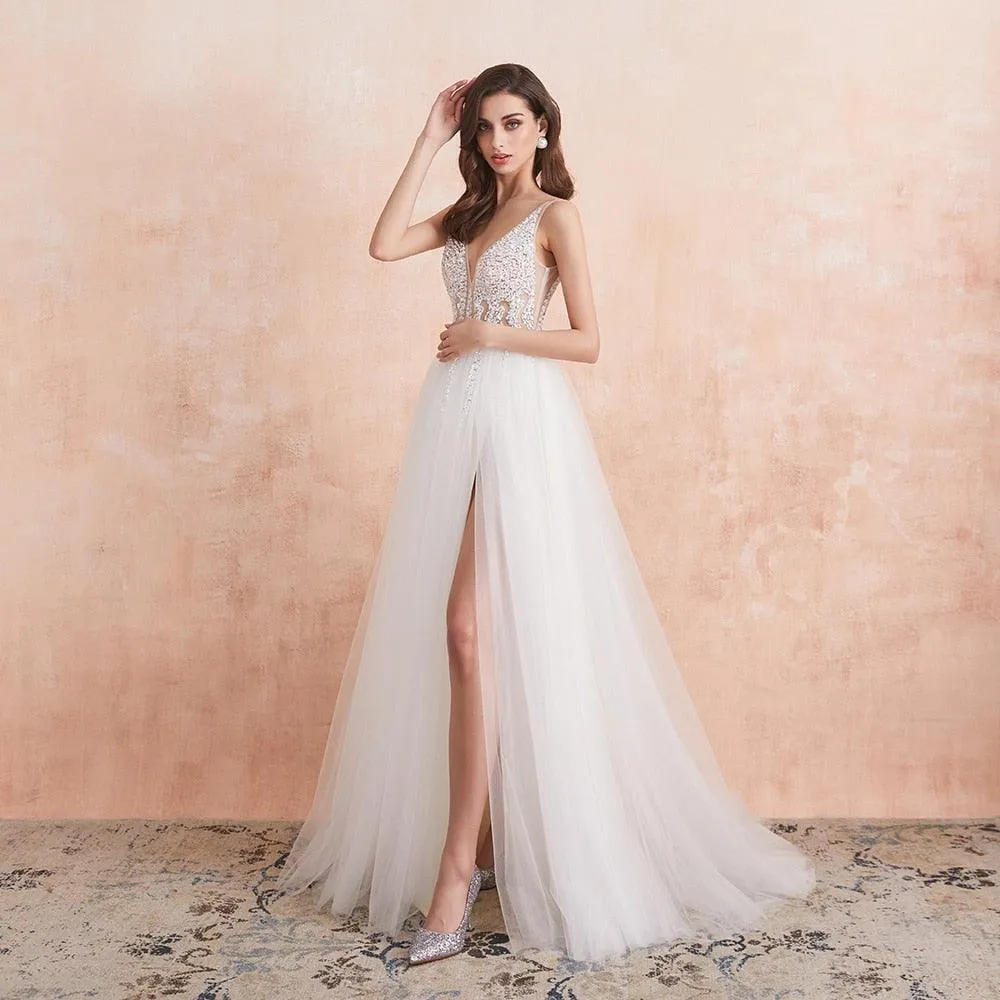 NumberSea V Neck Wedding Dress White Ivory Sexy High Splits Beaded Beading Pearls Crystal A Line Backless Bridal Gown Vestido De Noiva
