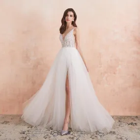 NumberSea V Neck Wedding Dress White Ivory Sexy High Splits Beaded Beading Pearls Crystal A Line Backless Bridal Gown Vestido De Noiva