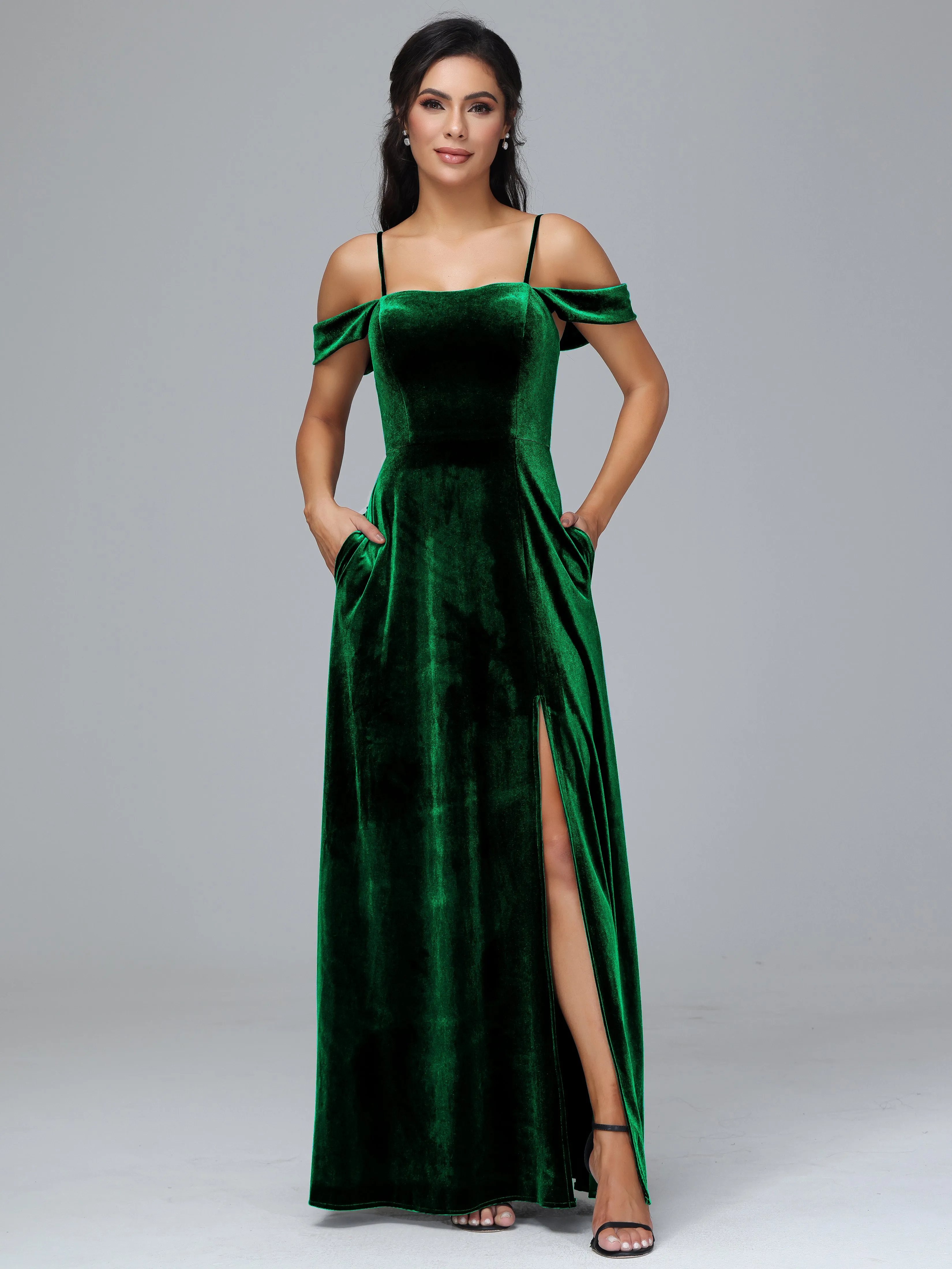 Off Shoulder Long Velvet Bridesmaid Dresses With Pockets