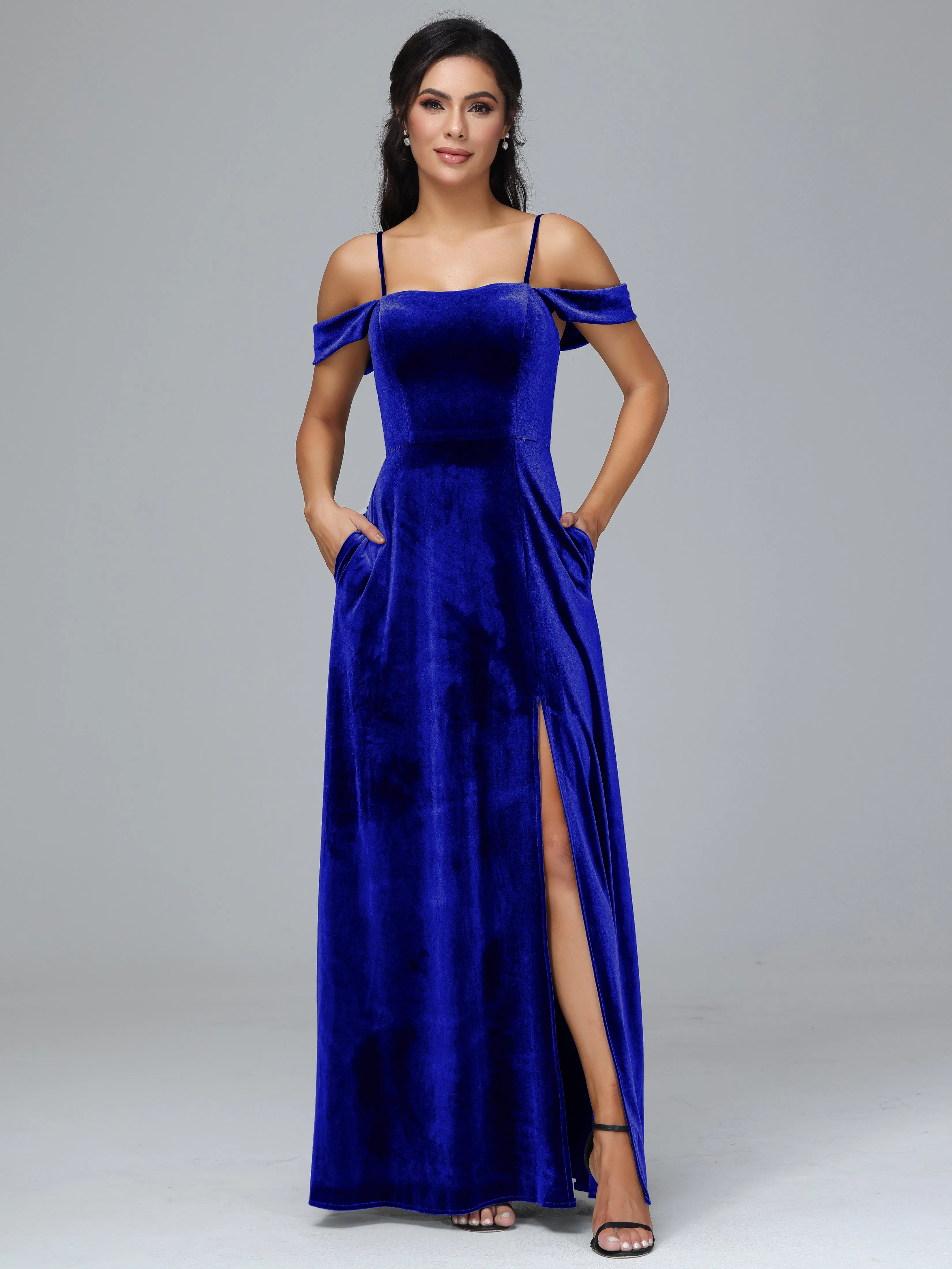 Off Shoulder Long Velvet Bridesmaid Dresses With Pockets