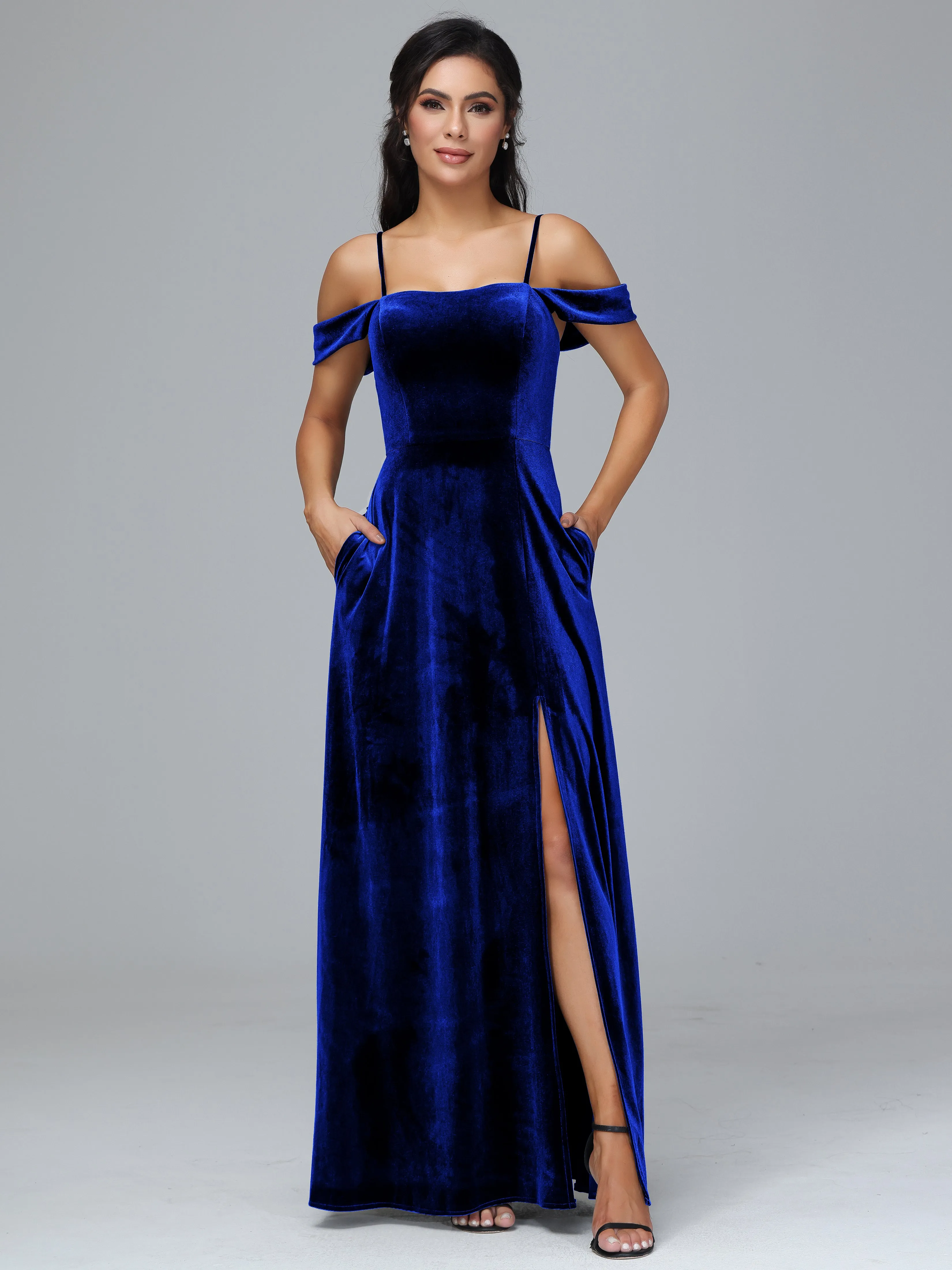 Off Shoulder Long Velvet Bridesmaid Dresses With Pockets