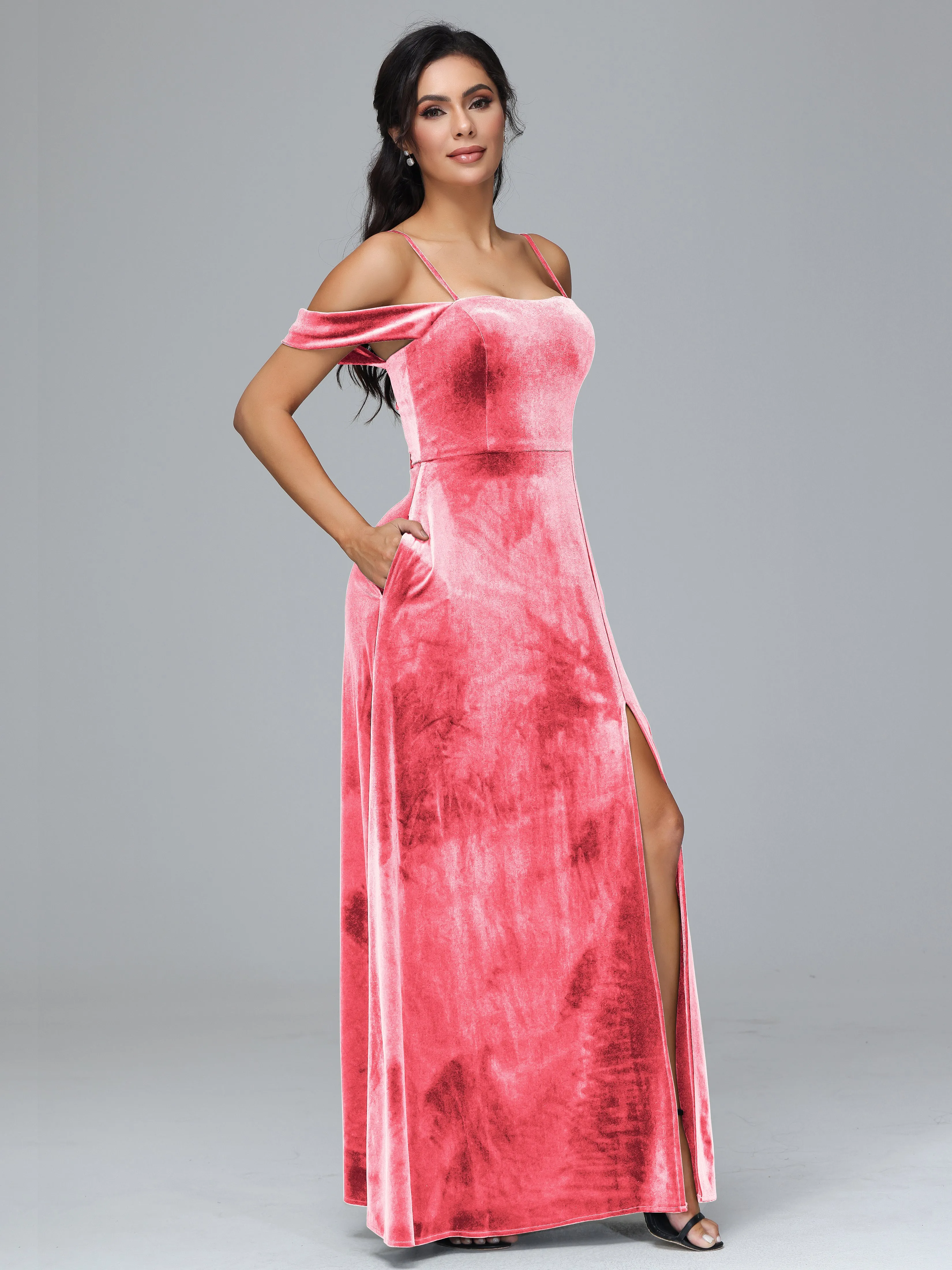 Off Shoulder Long Velvet Bridesmaid Dresses With Pockets