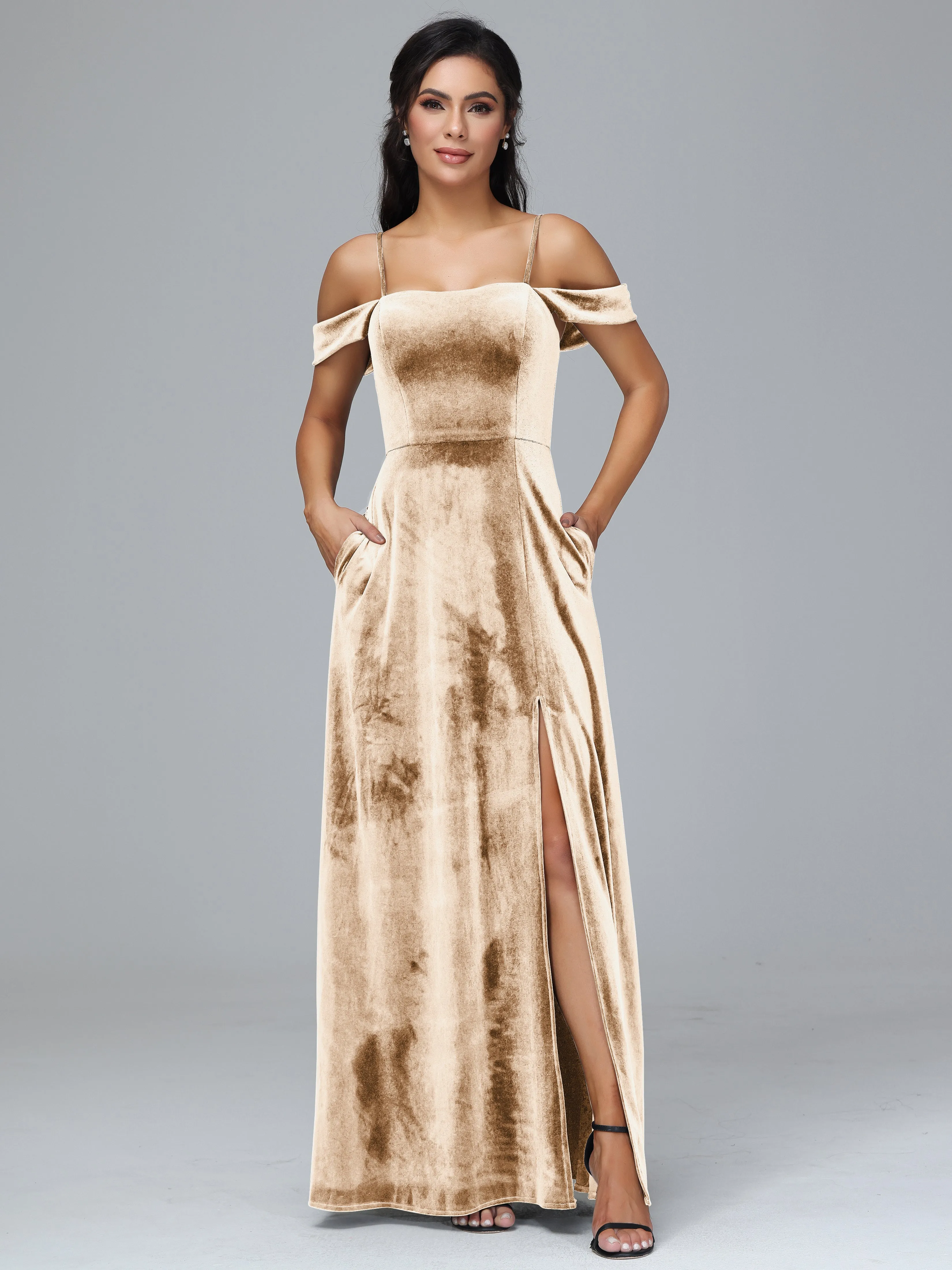 Off Shoulder Long Velvet Bridesmaid Dresses With Pockets