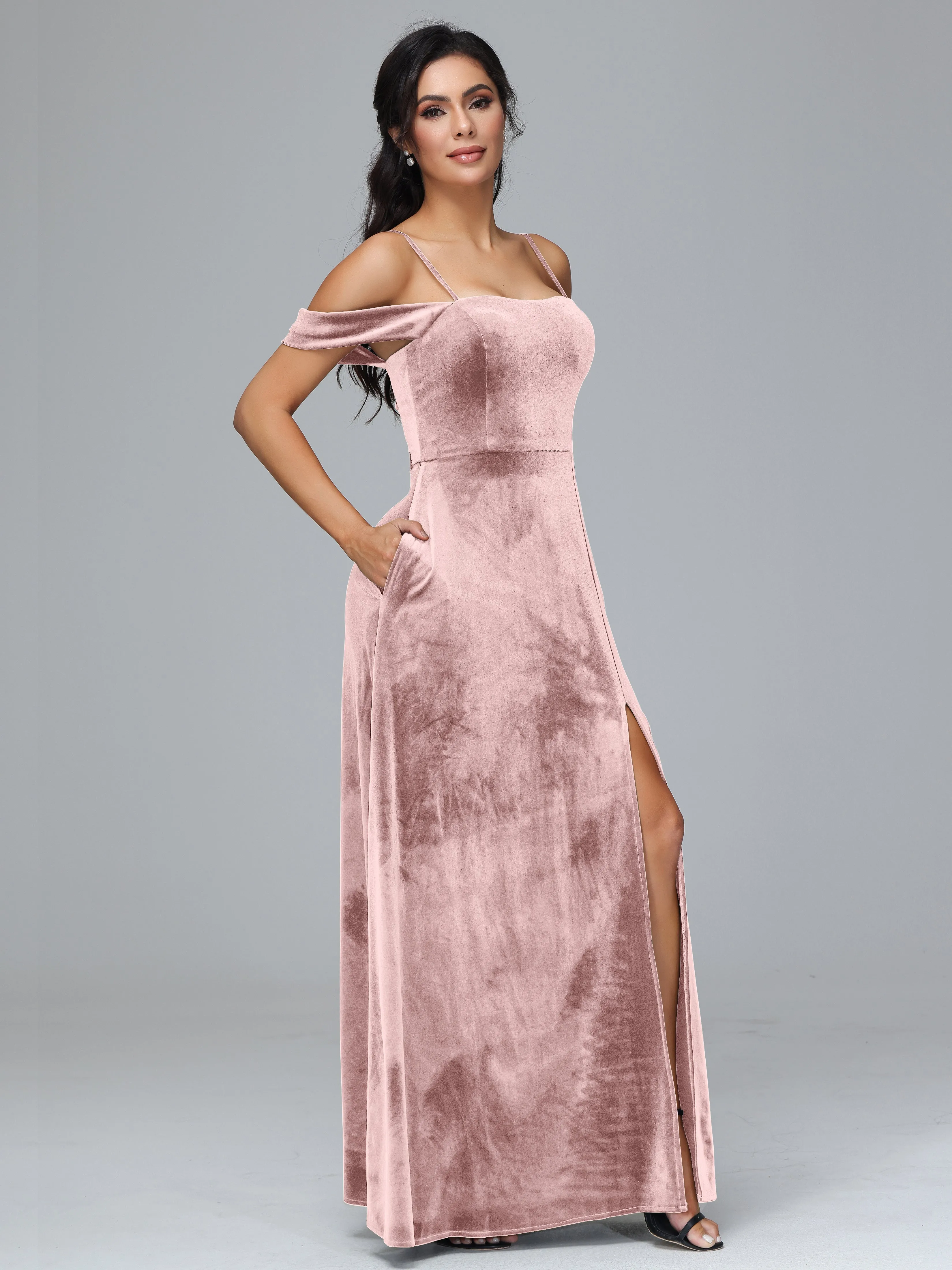 Off Shoulder Long Velvet Bridesmaid Dresses With Pockets