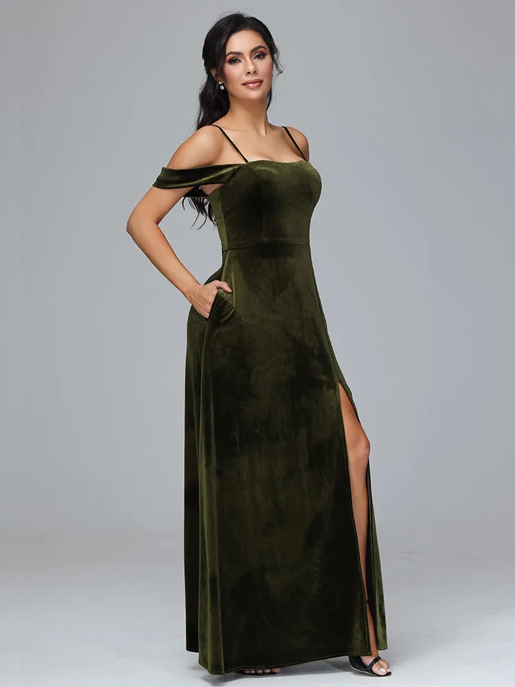 Off Shoulder Long Velvet Bridesmaid Dresses With Pockets