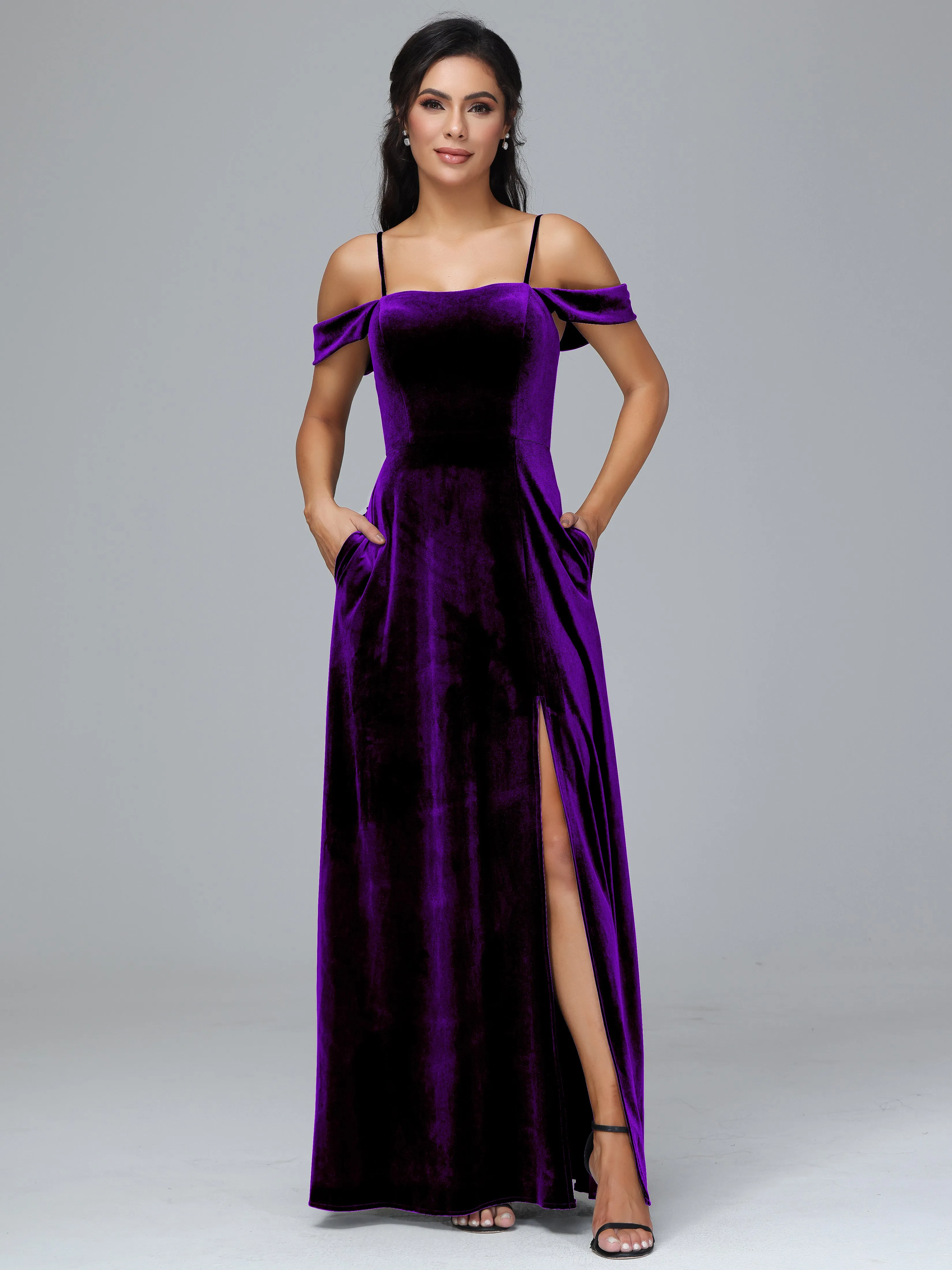 Off Shoulder Long Velvet Bridesmaid Dresses With Pockets