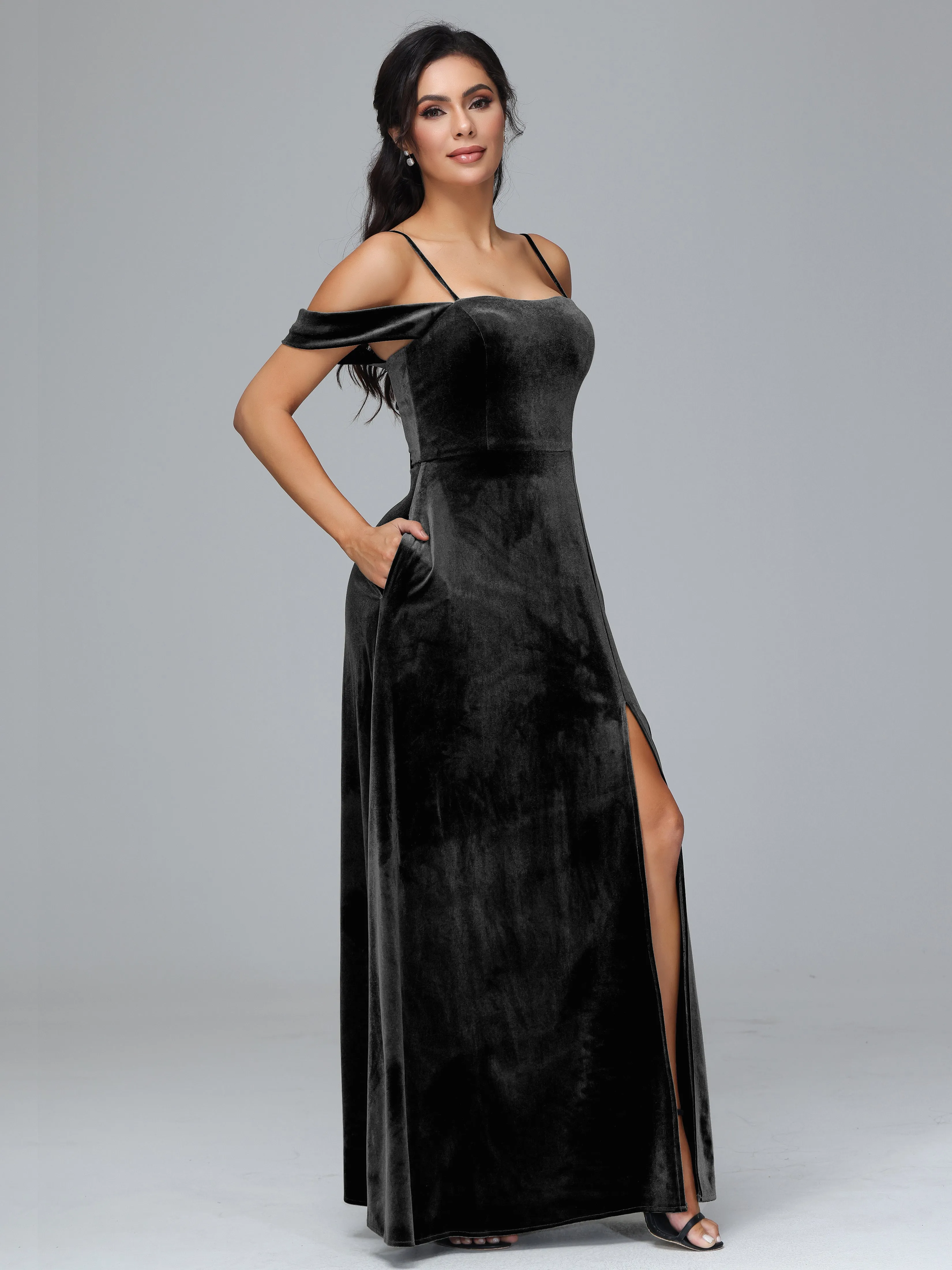 Off Shoulder Long Velvet Bridesmaid Dresses With Pockets