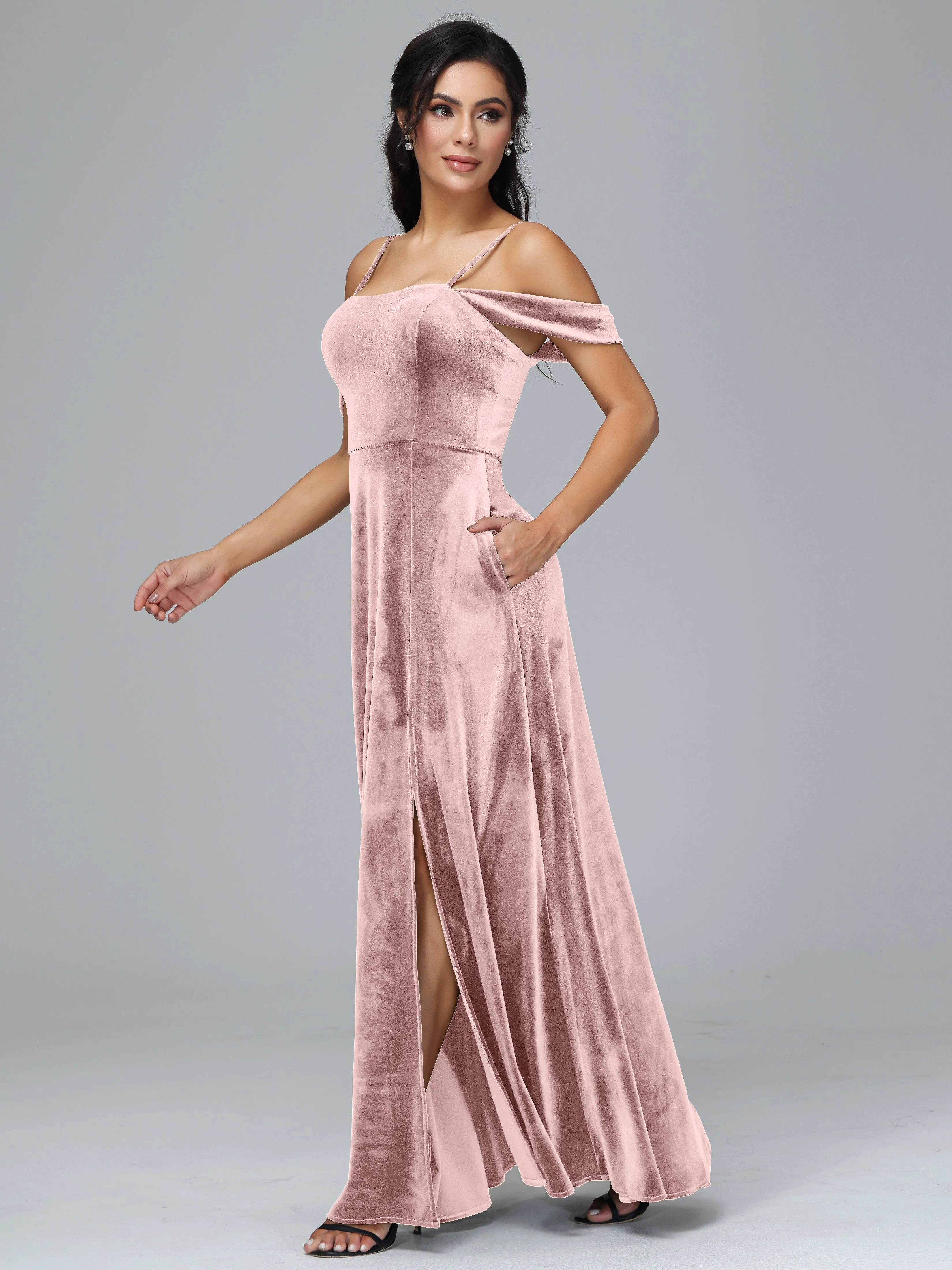 Off Shoulder Long Velvet Bridesmaid Dresses With Pockets
