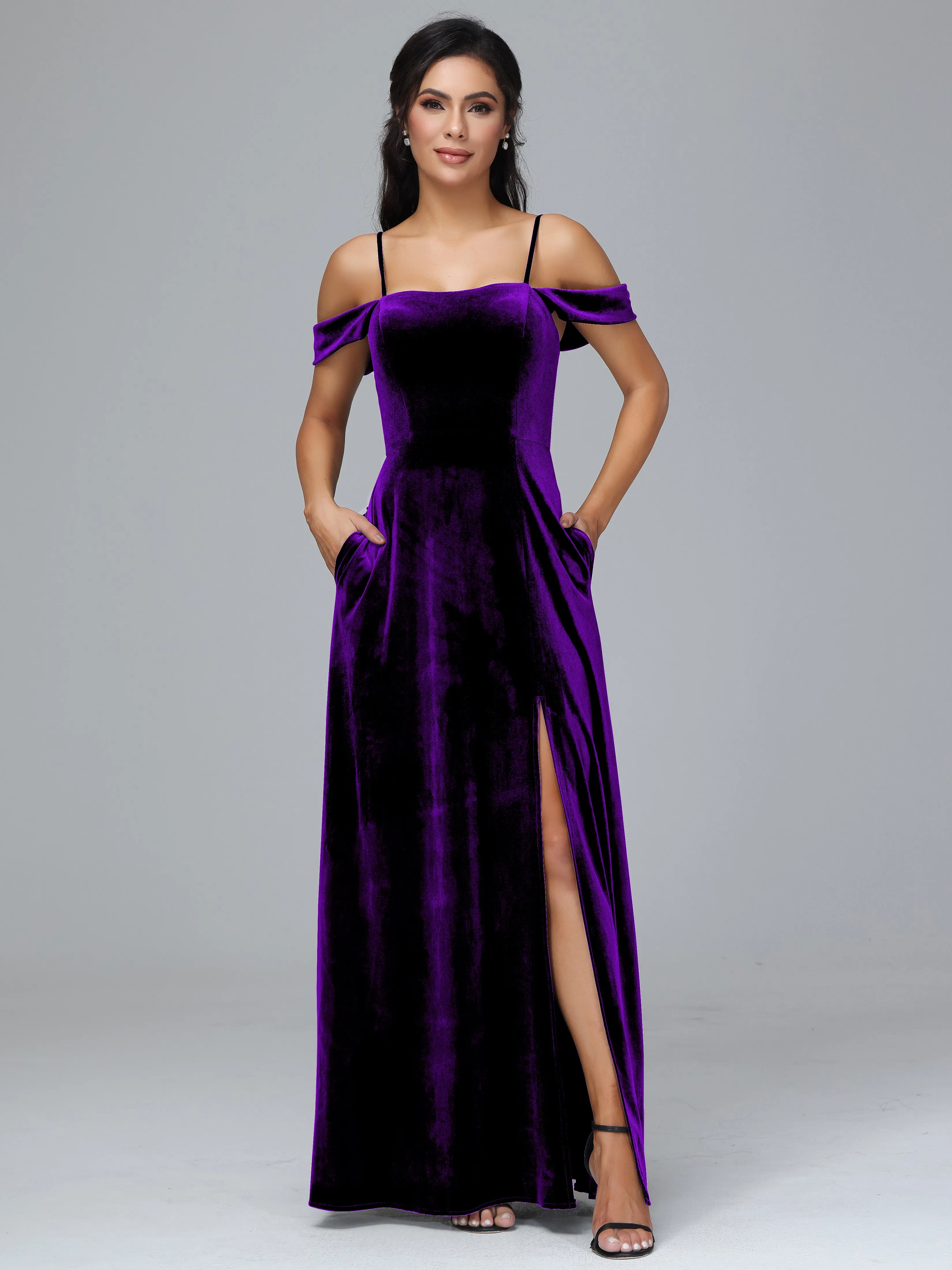 Off Shoulder Long Velvet Bridesmaid Dresses With Pockets