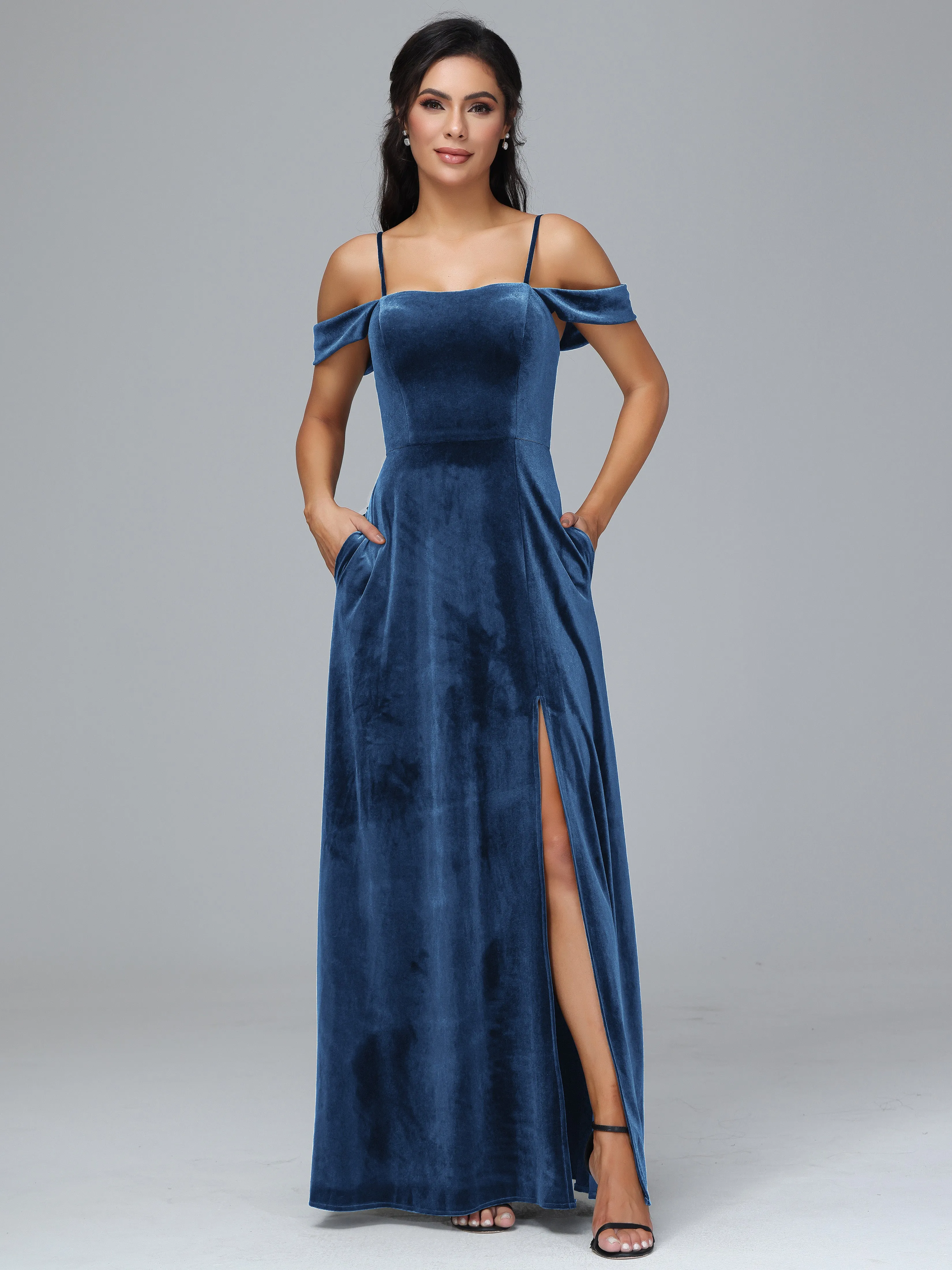 Off Shoulder Long Velvet Bridesmaid Dresses With Pockets
