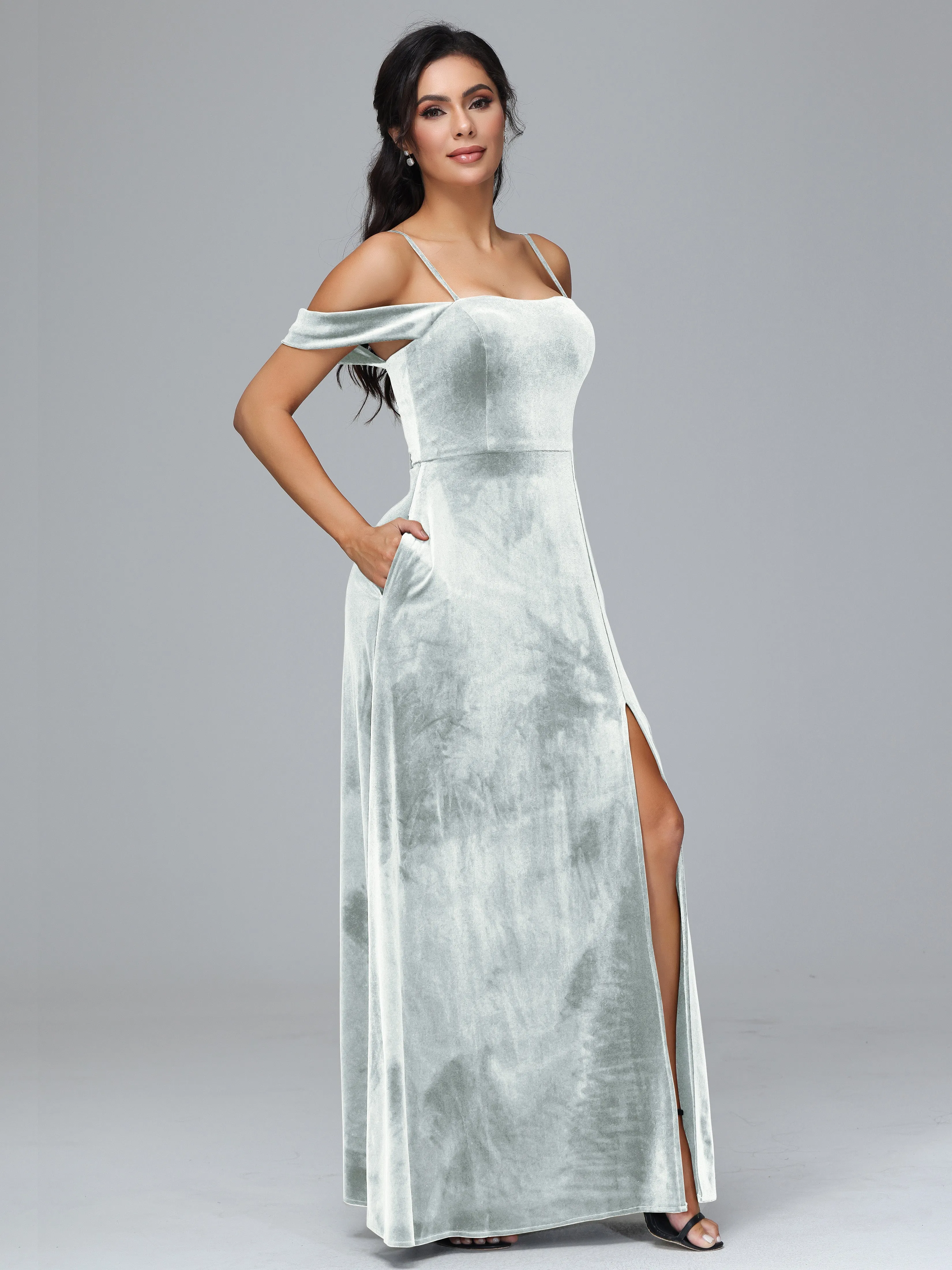 Off Shoulder Long Velvet Bridesmaid Dresses With Pockets