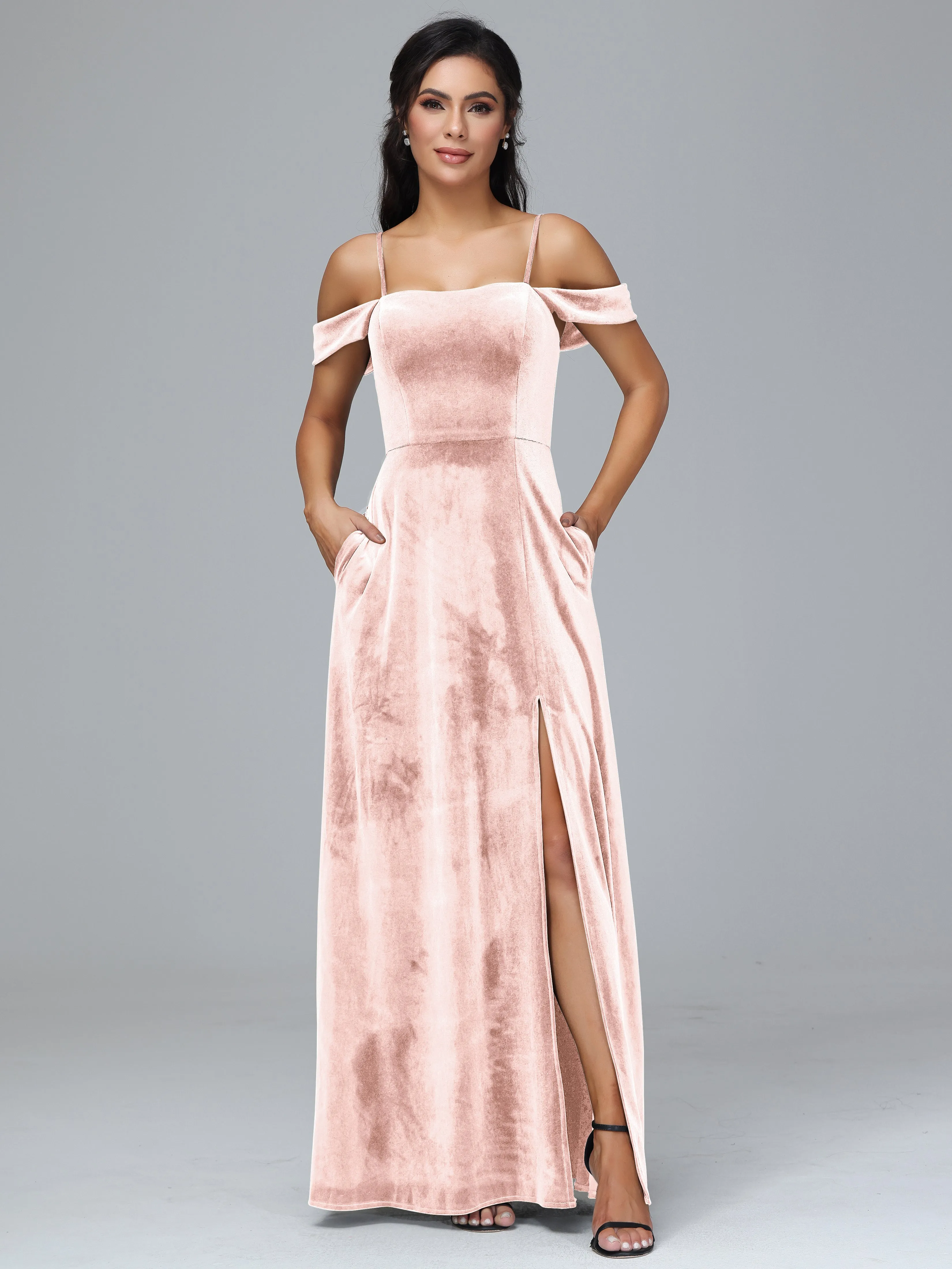Off Shoulder Long Velvet Bridesmaid Dresses With Pockets