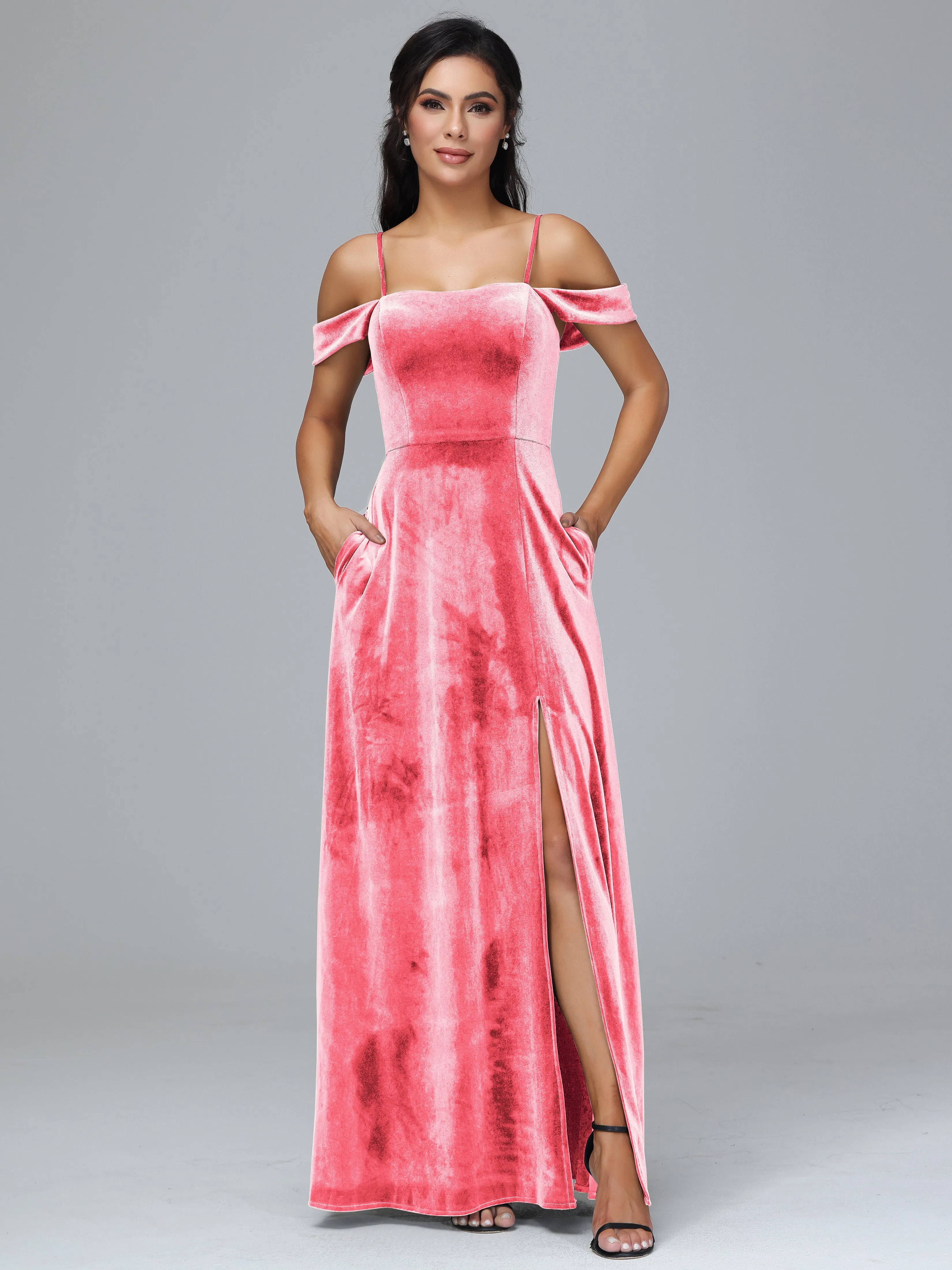 Off Shoulder Long Velvet Bridesmaid Dresses With Pockets