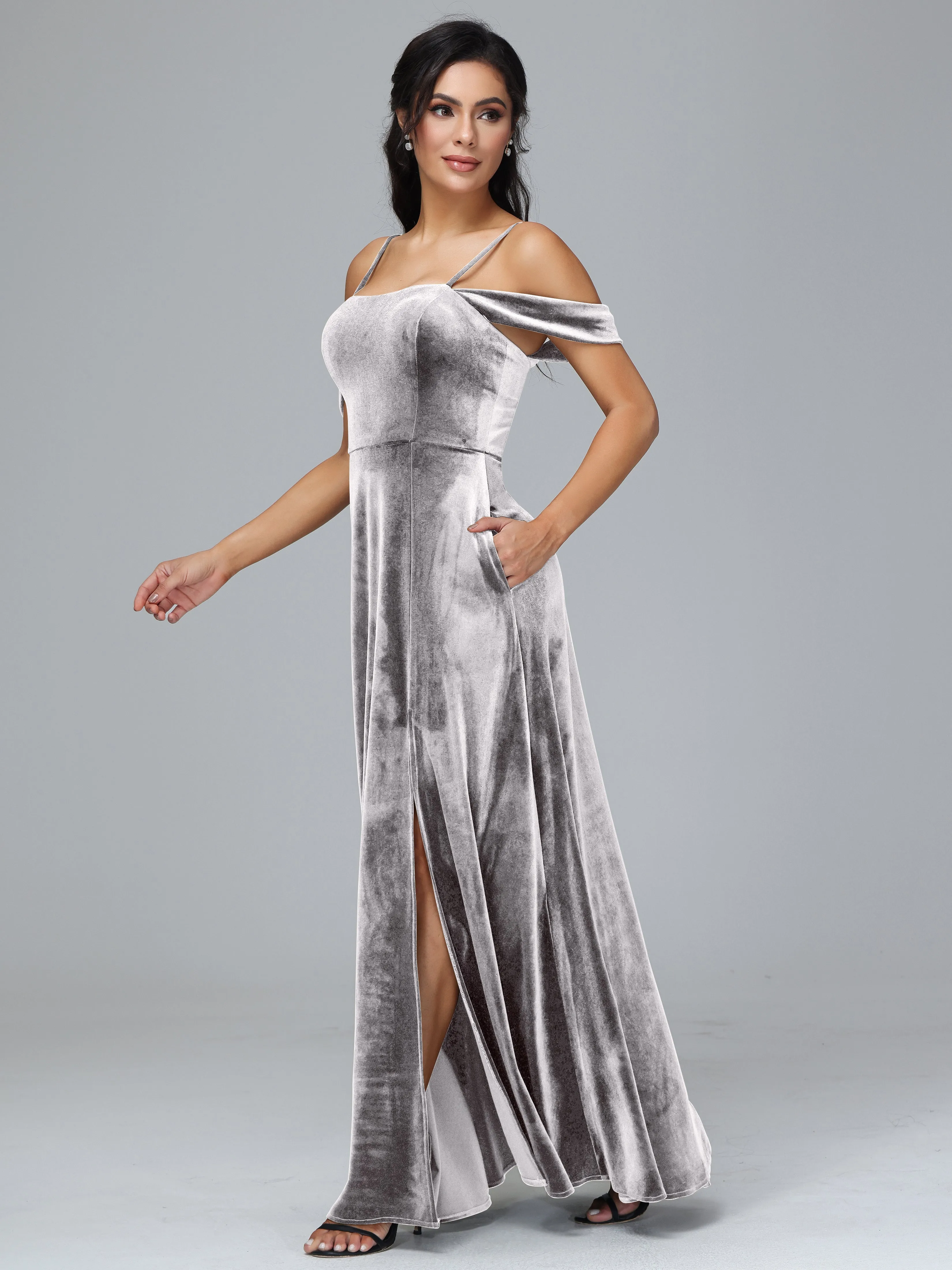 Off Shoulder Long Velvet Bridesmaid Dresses With Pockets