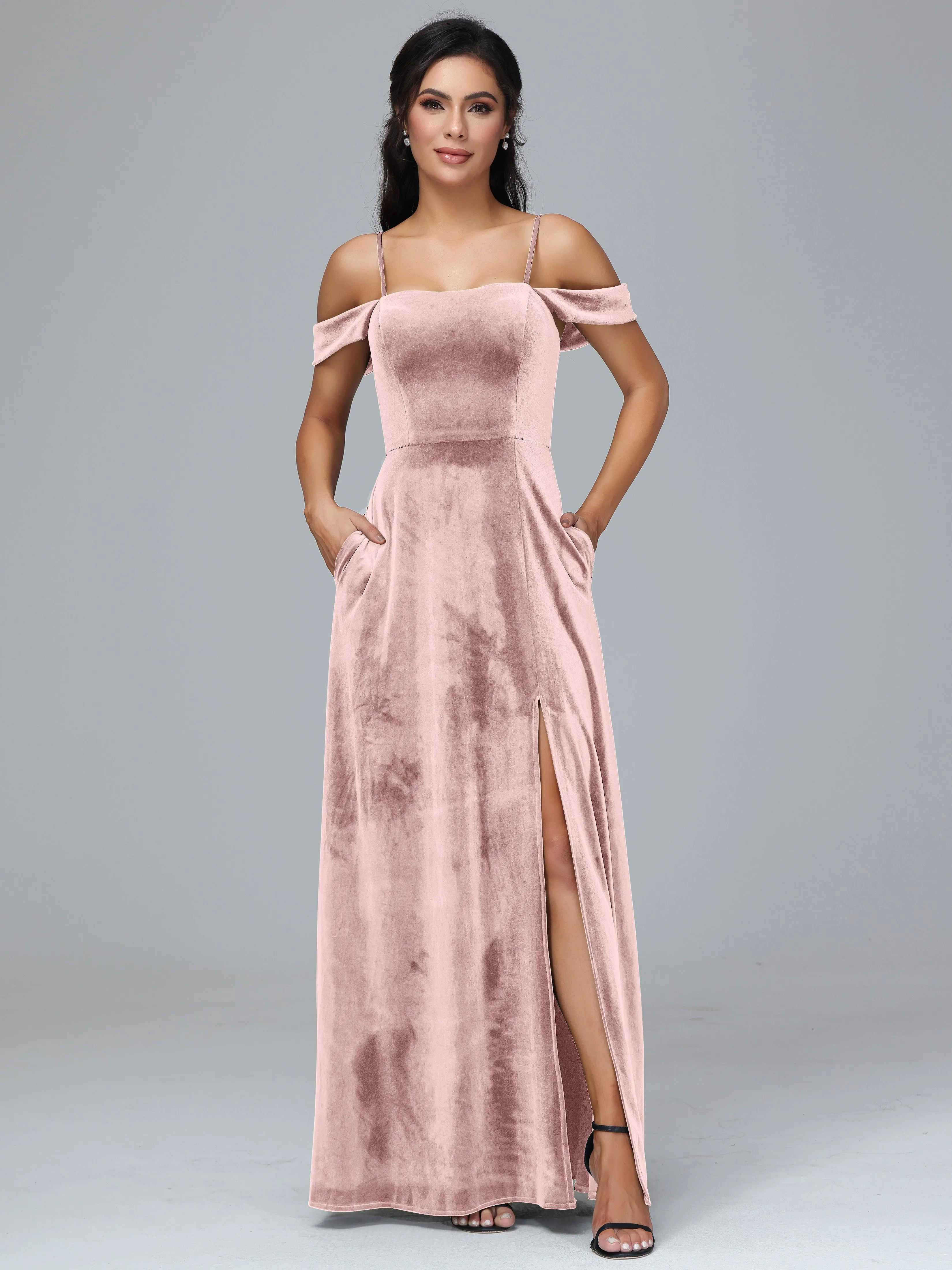 Off Shoulder Long Velvet Bridesmaid Dresses With Pockets