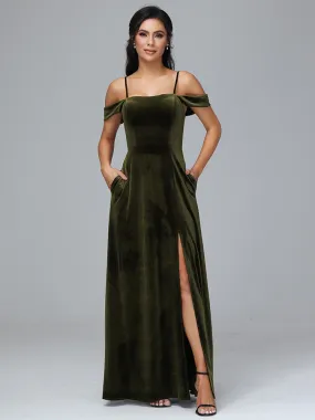 Off Shoulder Long Velvet Bridesmaid Dresses With Pockets