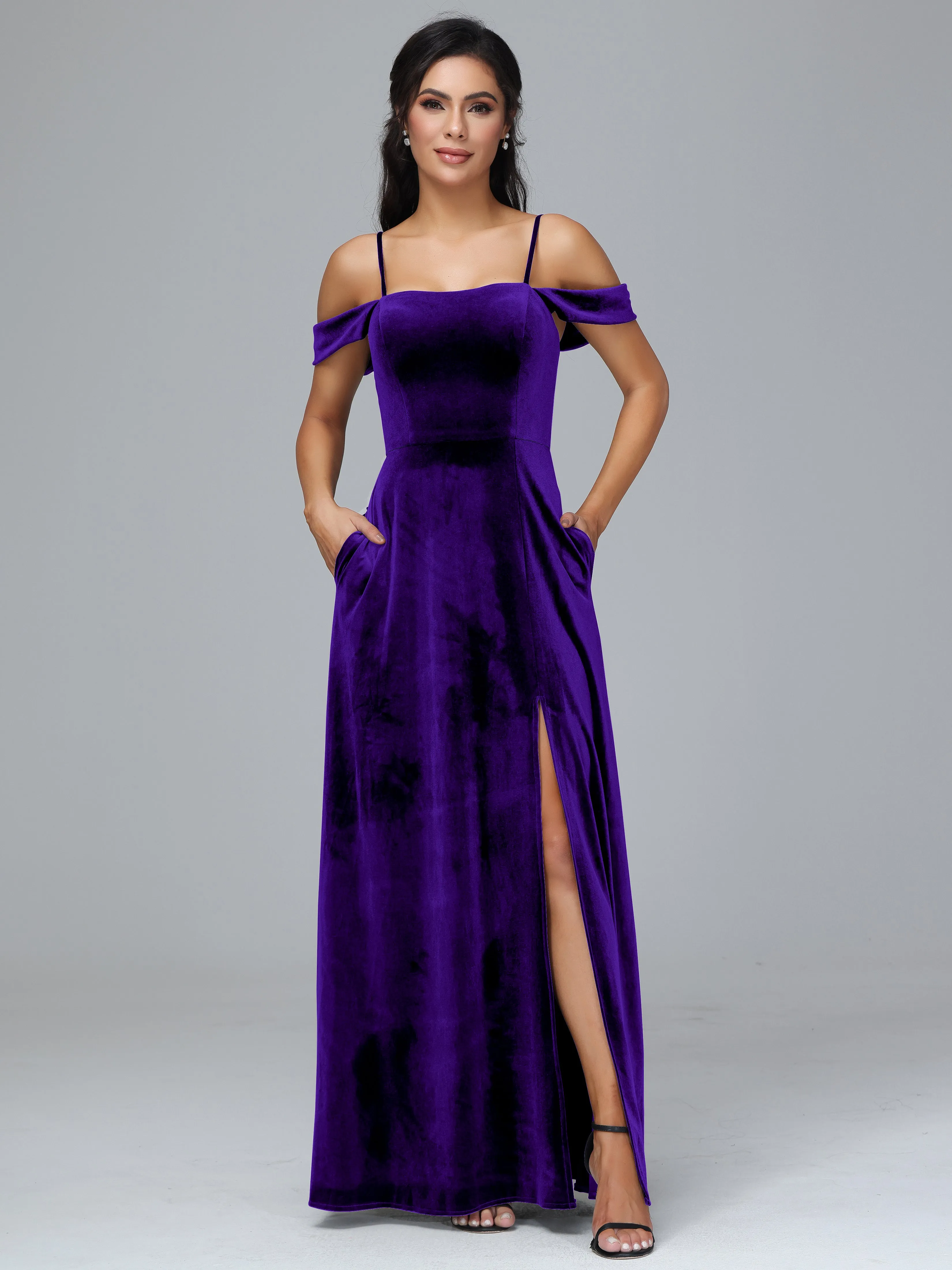 Off Shoulder Long Velvet Bridesmaid Dresses With Pockets