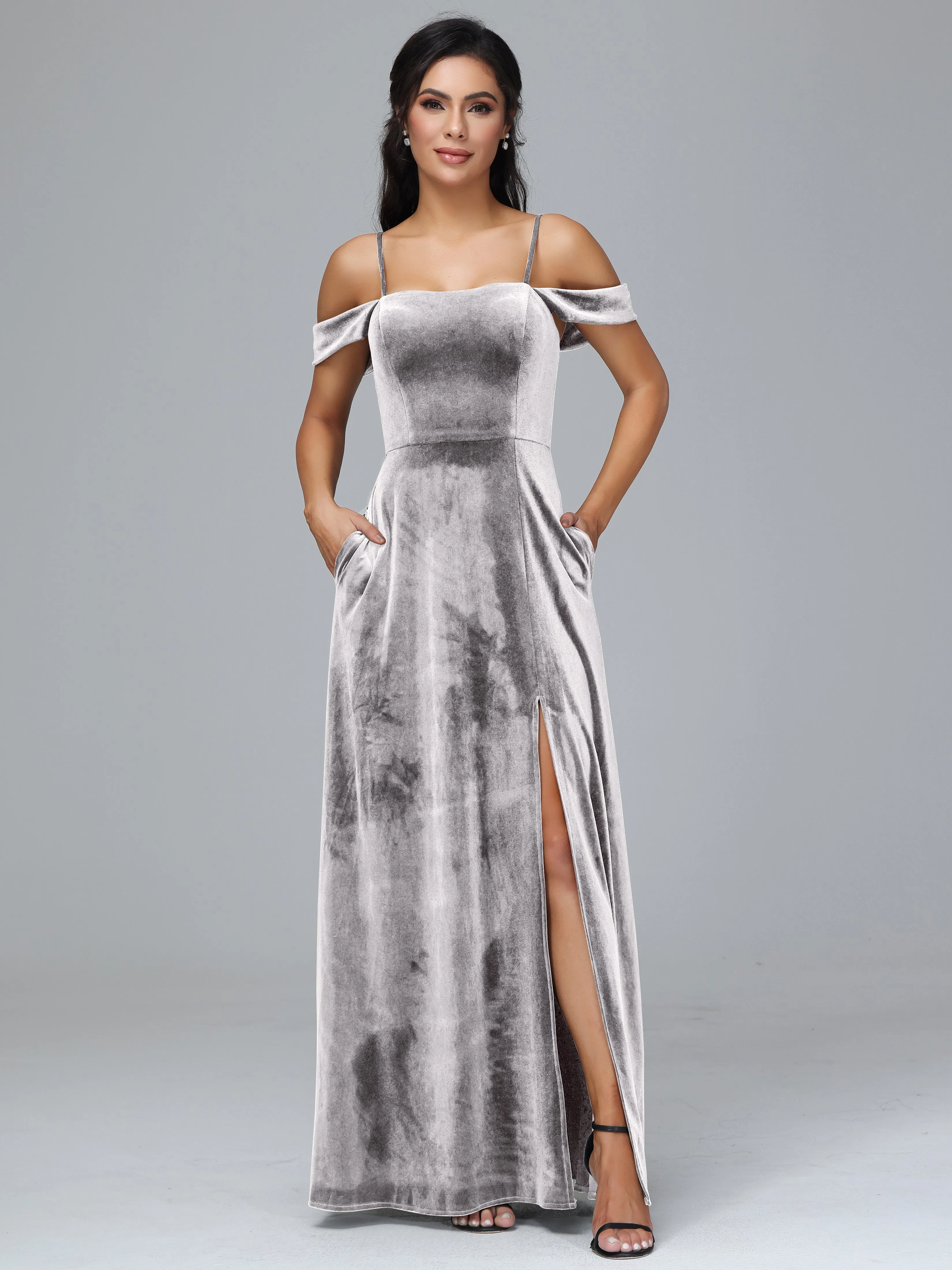 Off Shoulder Long Velvet Bridesmaid Dresses With Pockets