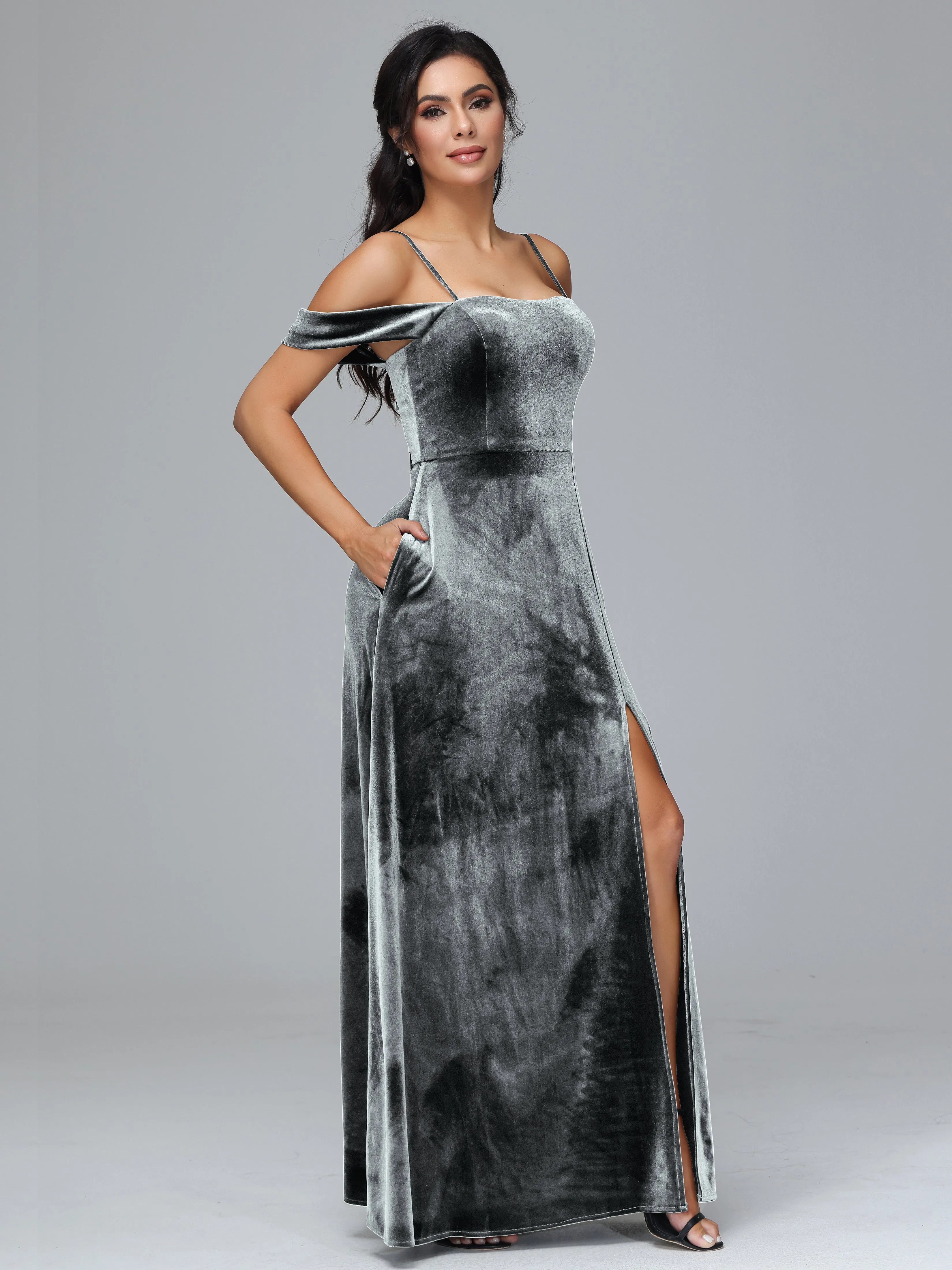 Off Shoulder Long Velvet Bridesmaid Dresses With Pockets