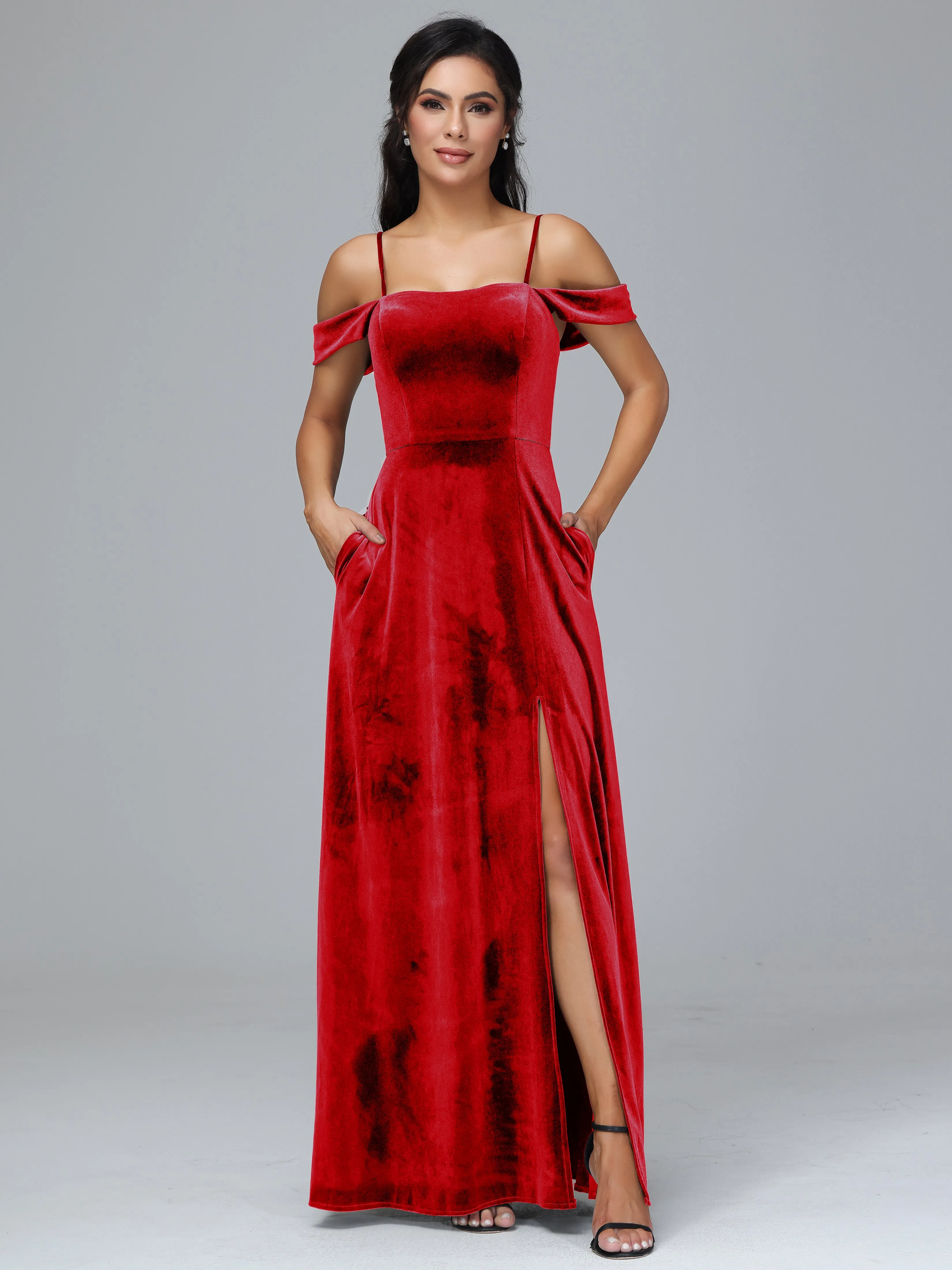 Off Shoulder Long Velvet Bridesmaid Dresses With Pockets