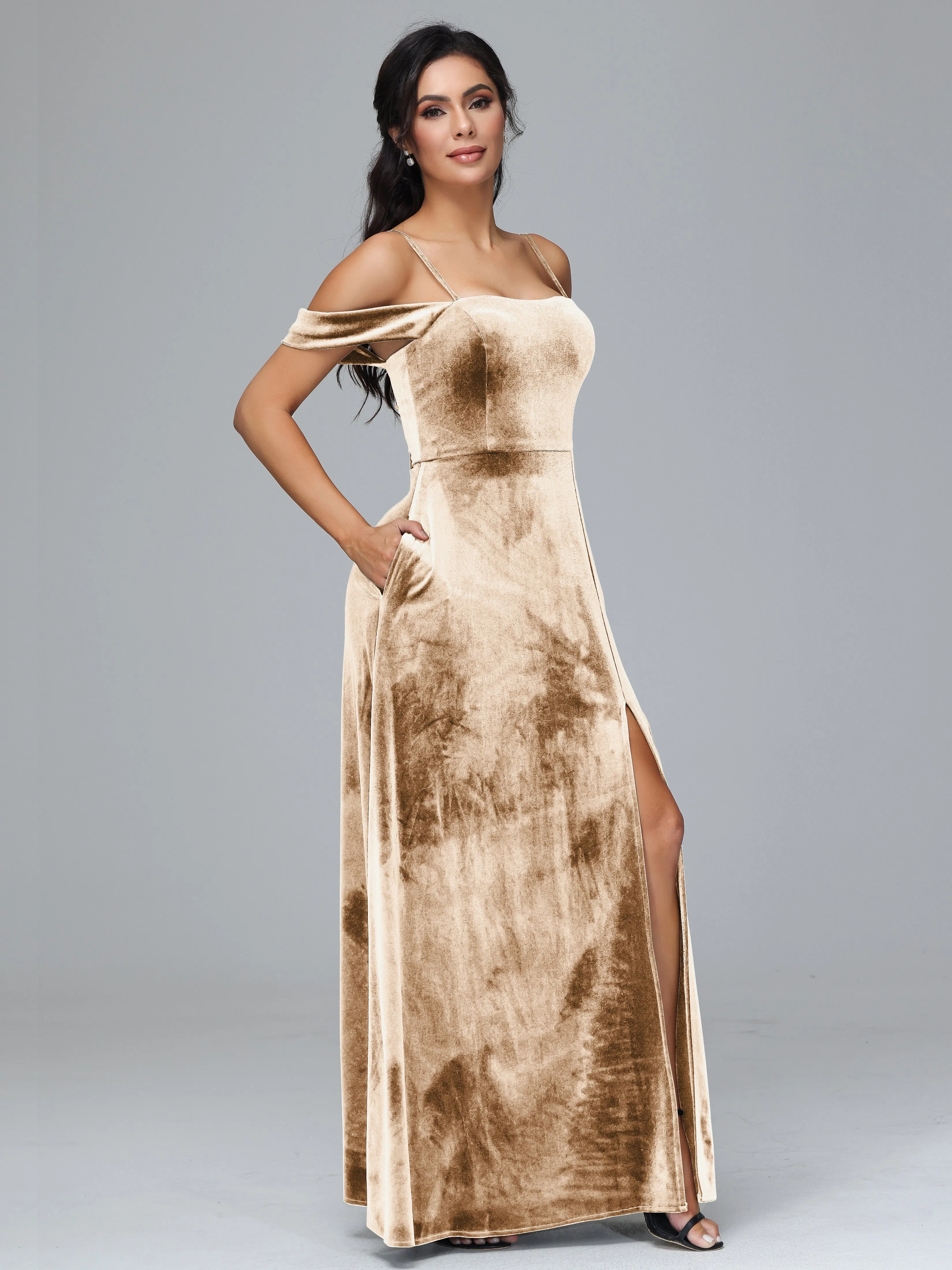 Off Shoulder Long Velvet Bridesmaid Dresses With Pockets
