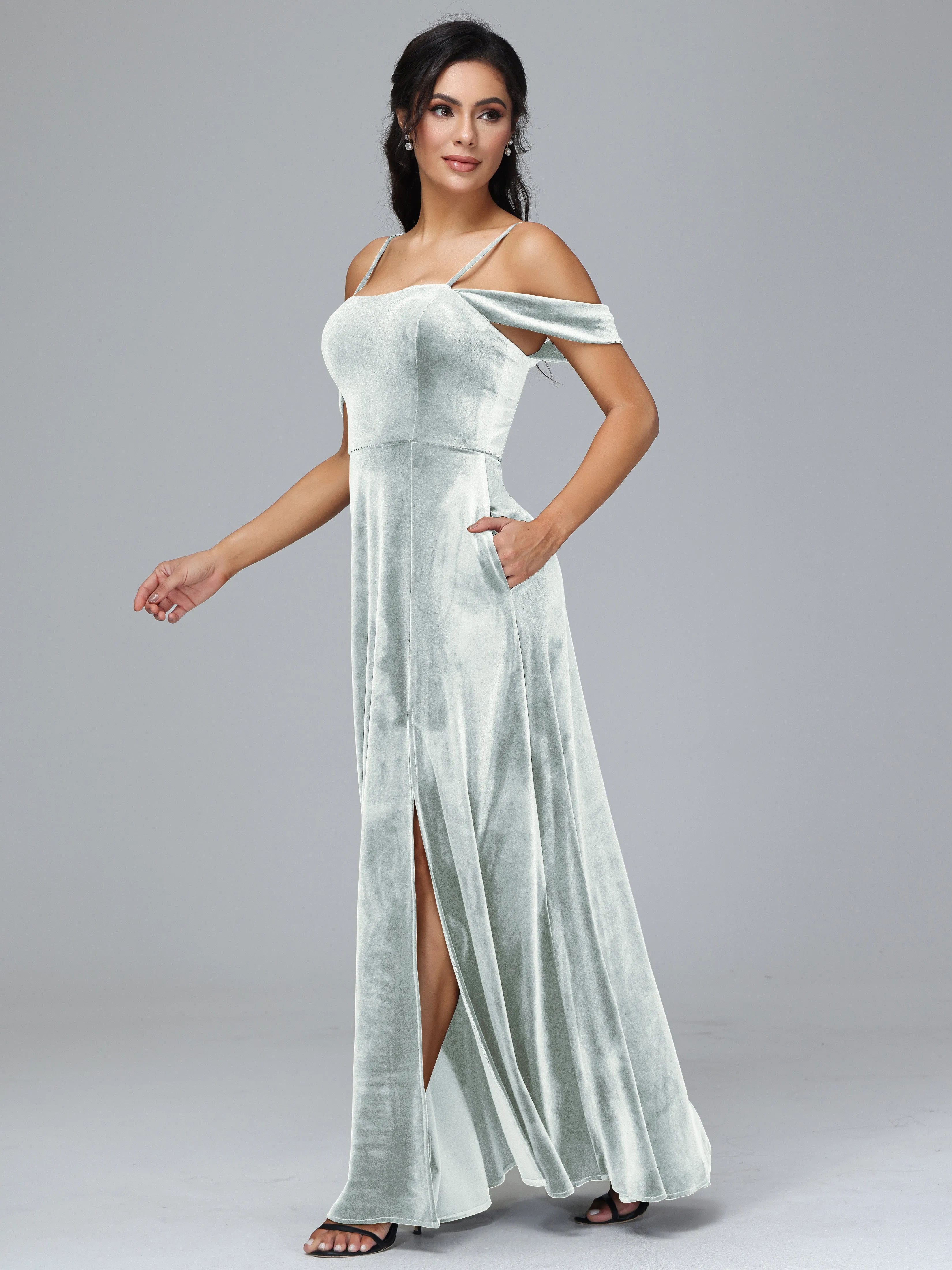 Off Shoulder Long Velvet Bridesmaid Dresses With Pockets