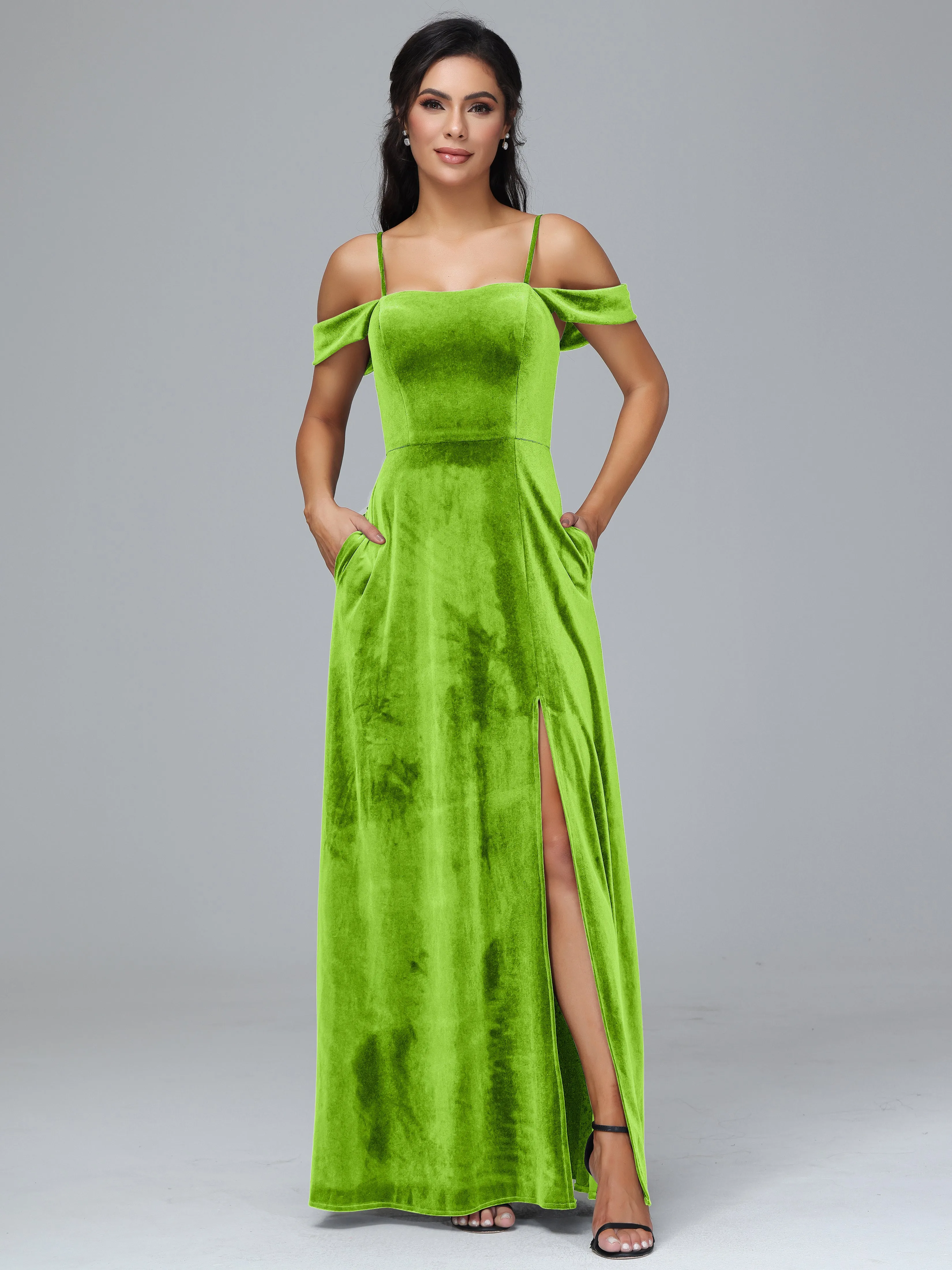 Off Shoulder Long Velvet Bridesmaid Dresses With Pockets