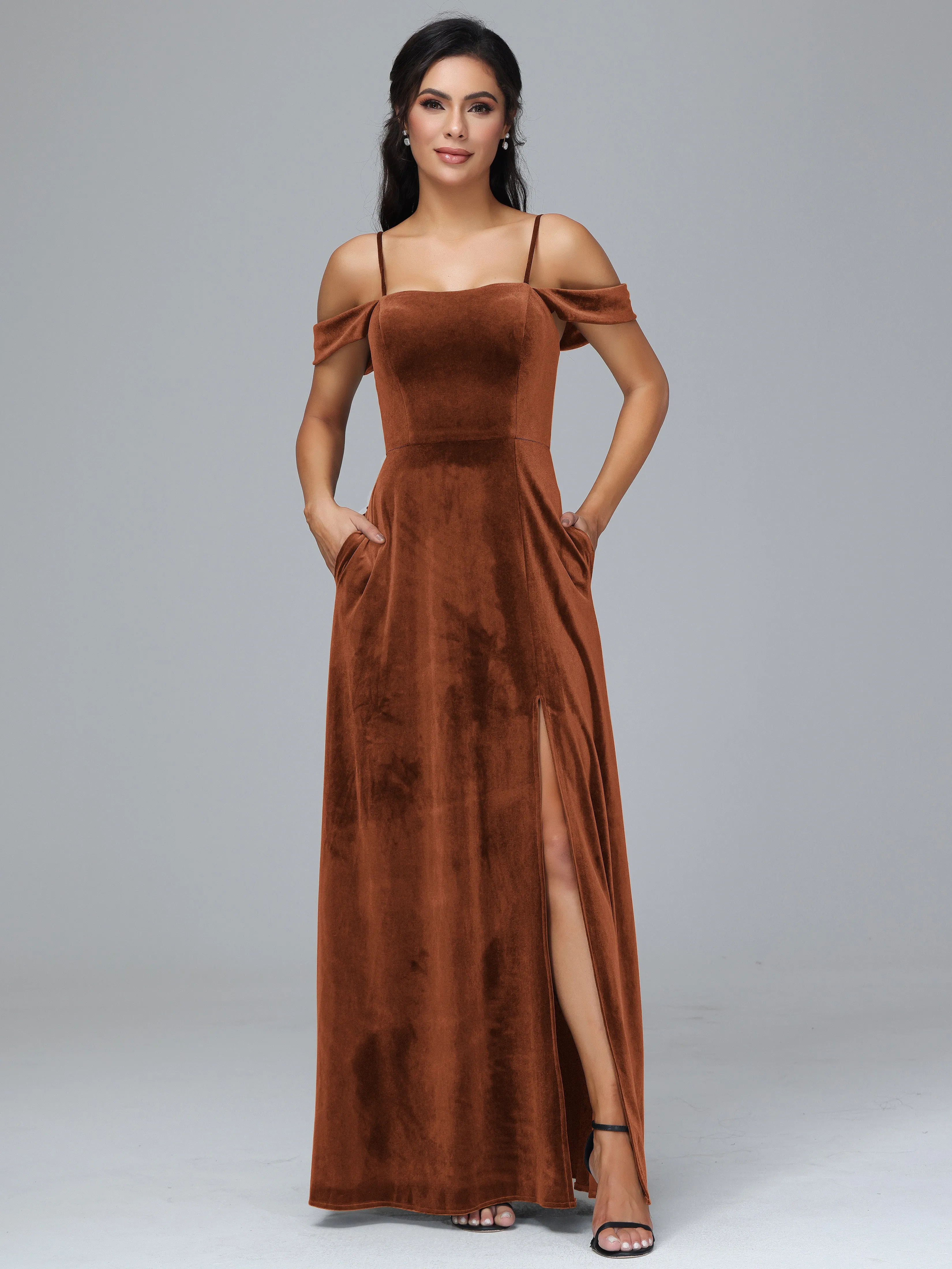 Off Shoulder Long Velvet Bridesmaid Dresses With Pockets