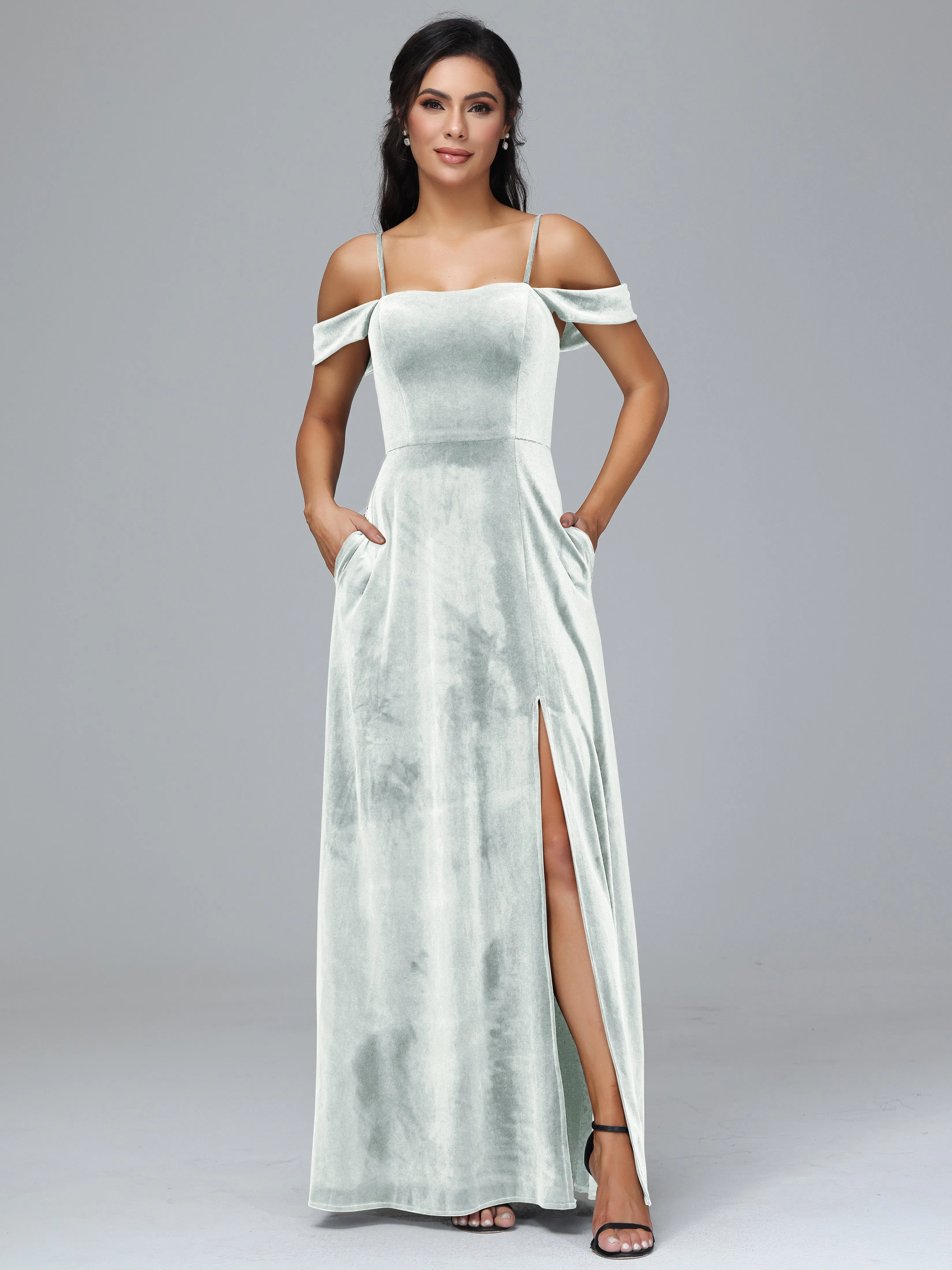 Off Shoulder Long Velvet Bridesmaid Dresses With Pockets