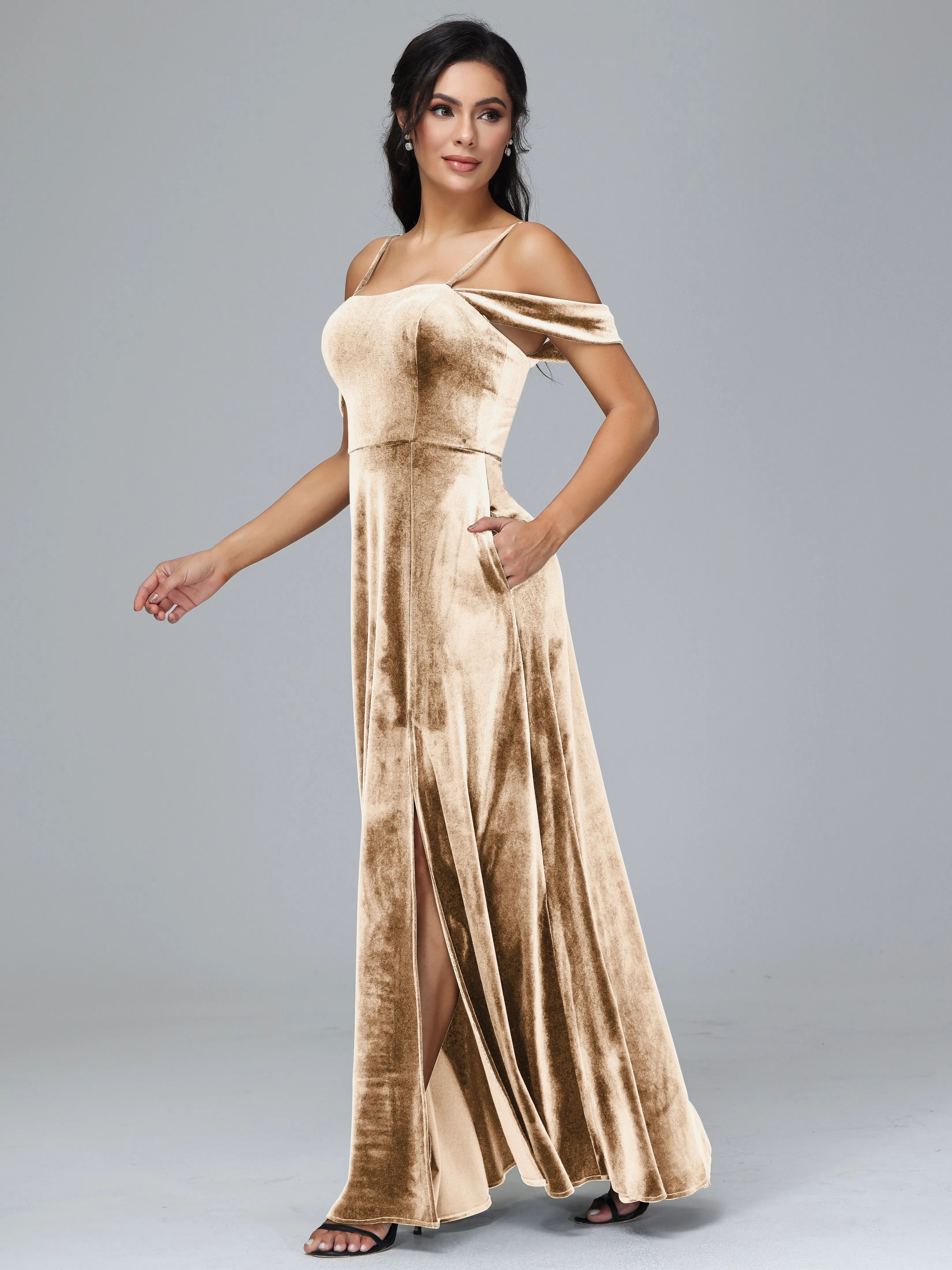 Off Shoulder Long Velvet Bridesmaid Dresses With Pockets