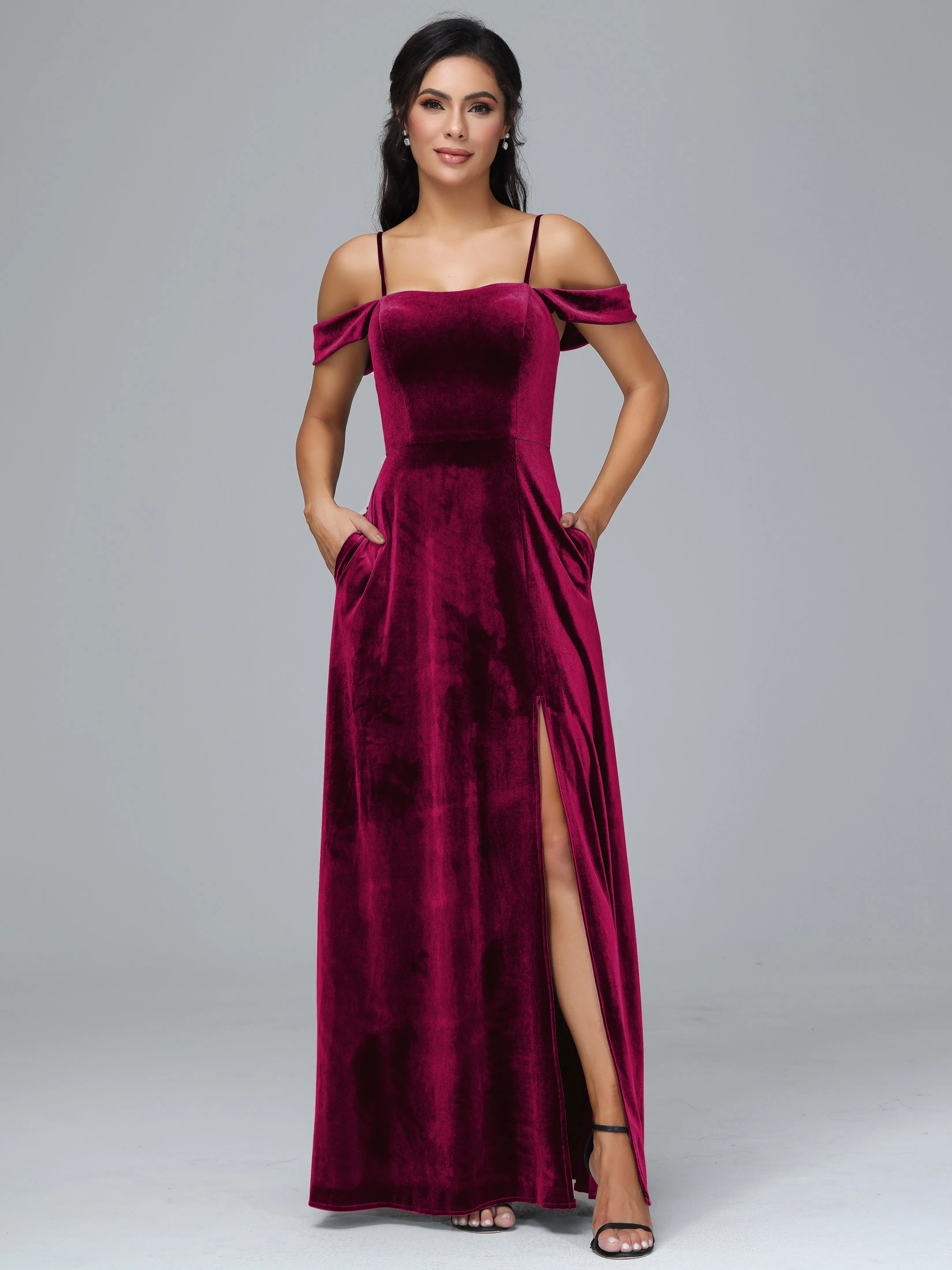Off Shoulder Long Velvet Bridesmaid Dresses With Pockets