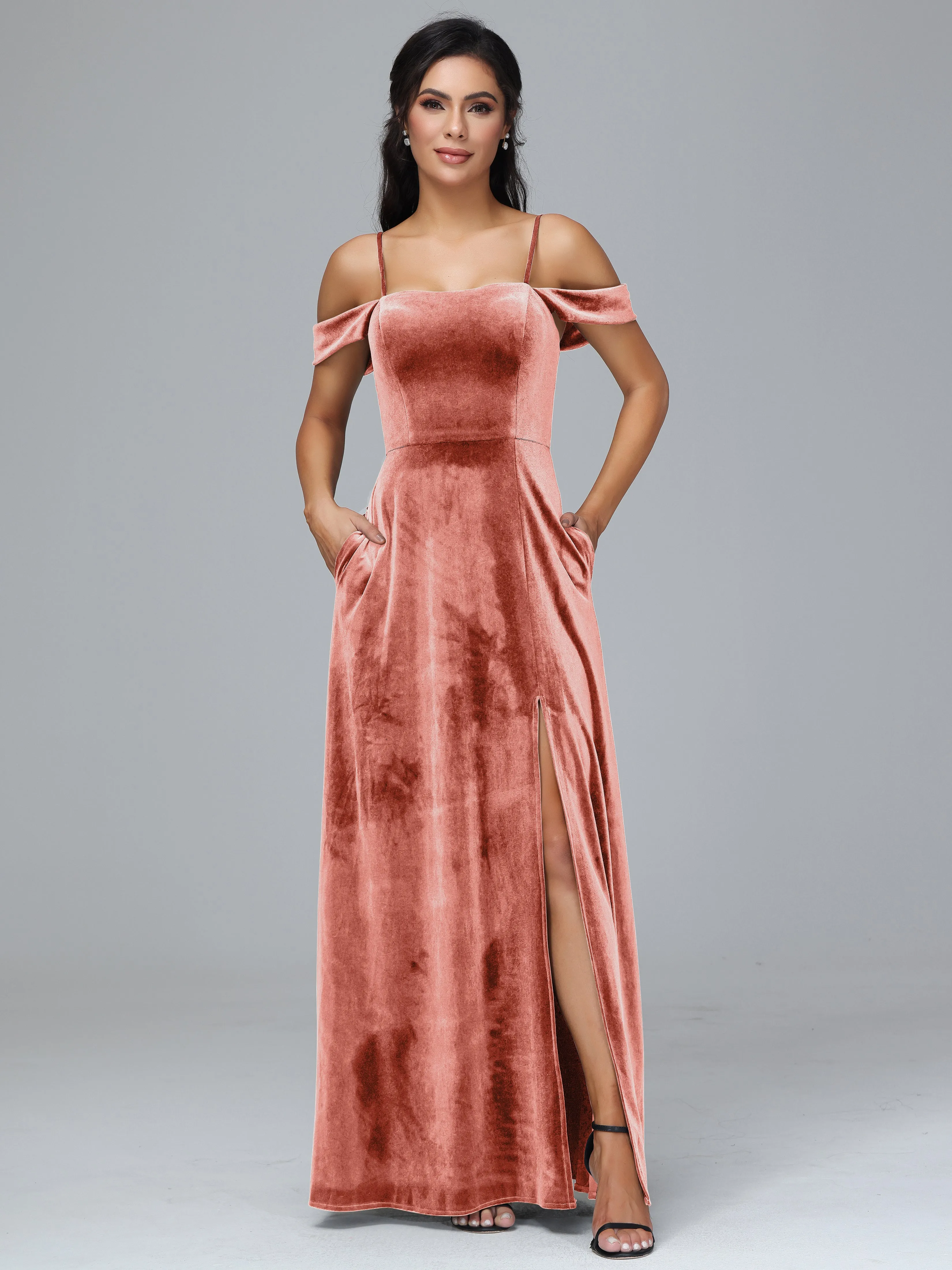 Off Shoulder Long Velvet Bridesmaid Dresses With Pockets